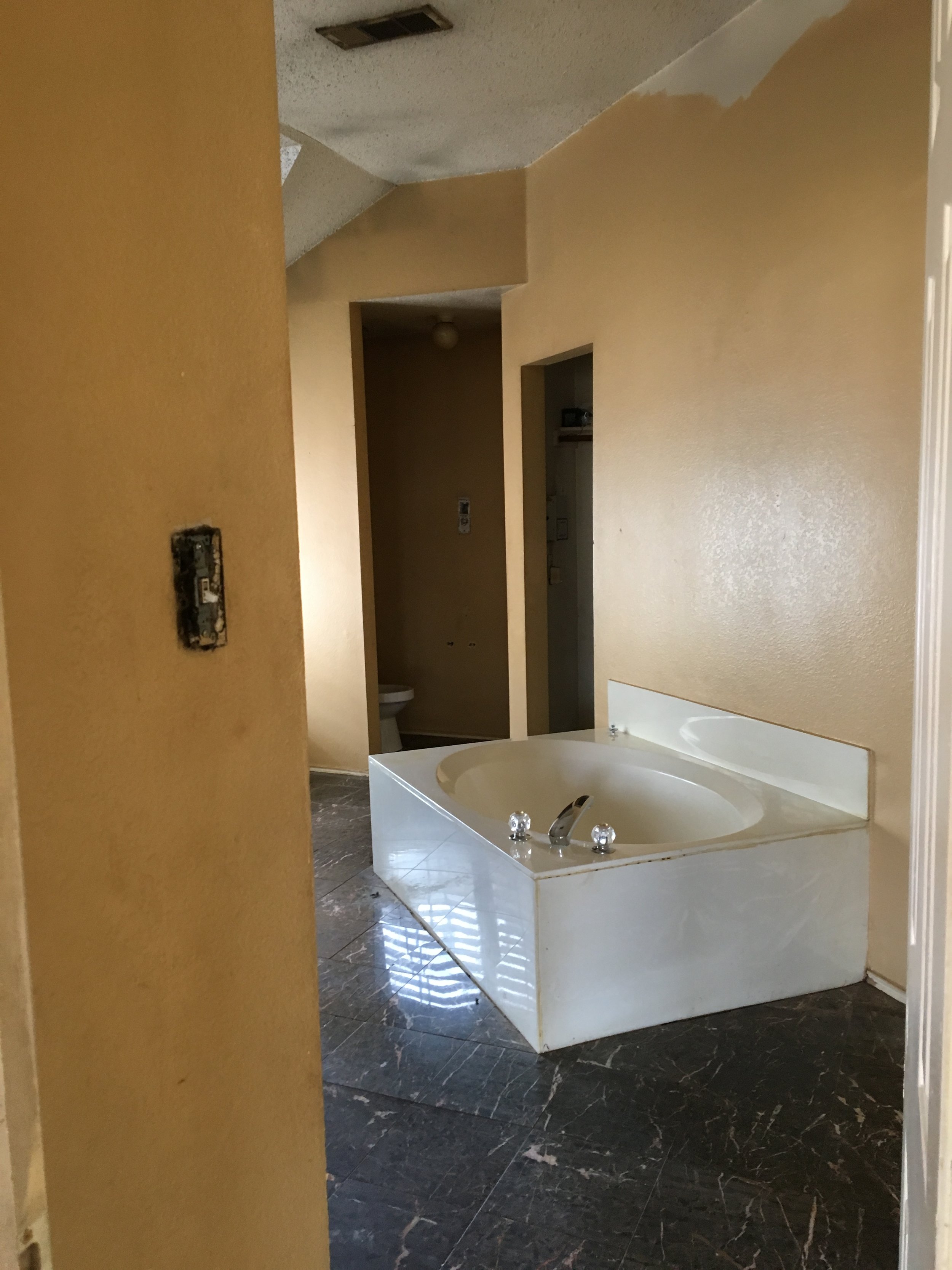 Primary Bathroom: Dated fixtures and  clashing finishes created a disjointed aesthetic (Before)