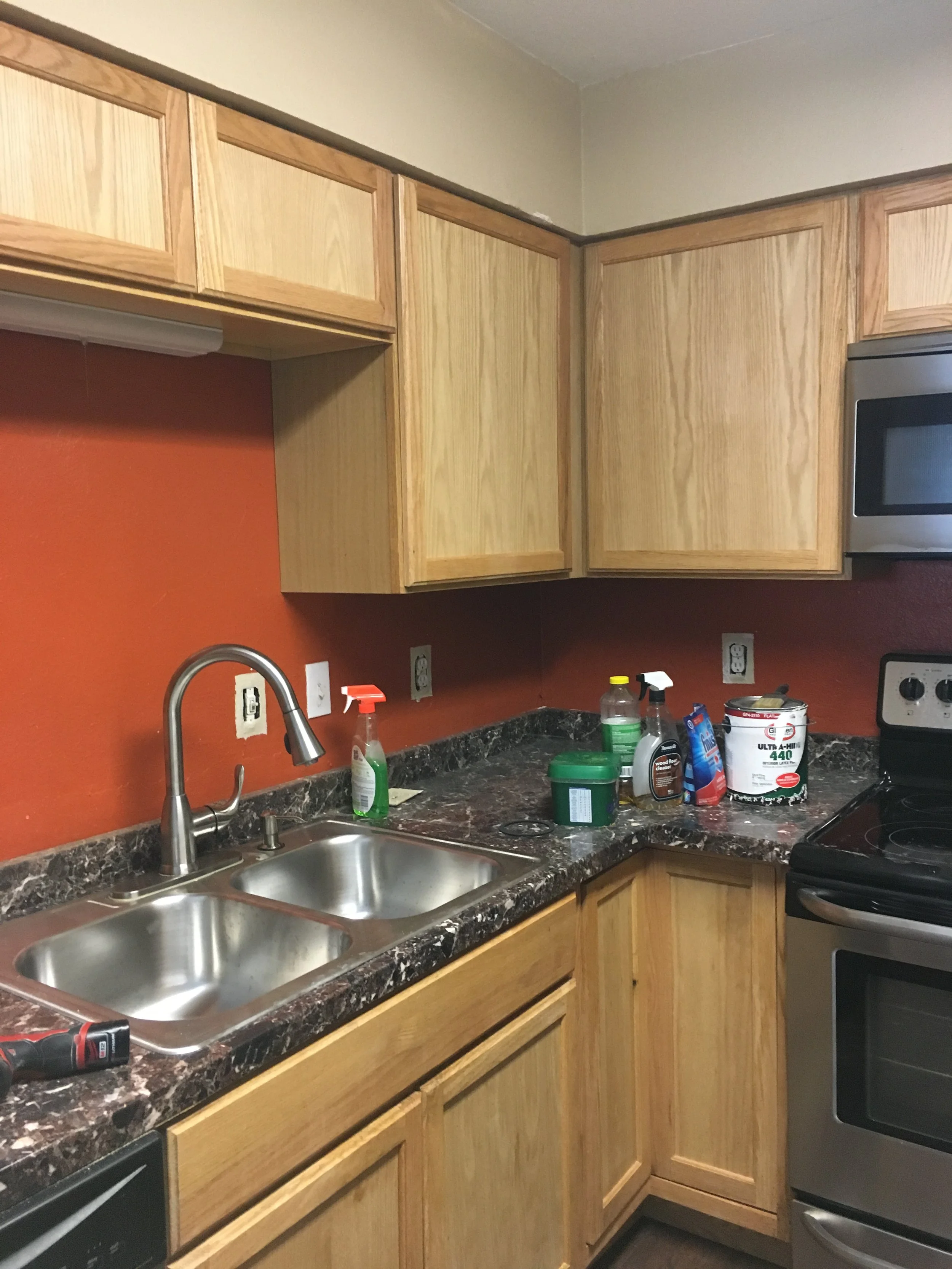 Kitchen: Unappealing cabinetry, lighting, dated finishes, and countertops (Before)