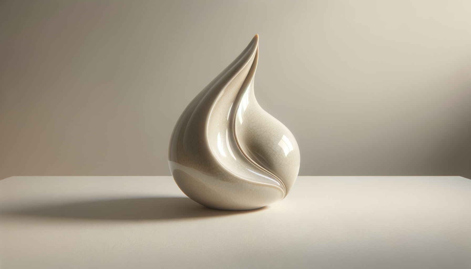 Une sculpture en céramique blanche avec une finition brillante, en forme de goutte ou de flamme, posée sur une surface claire, avec un fond neutre et une lumière douce.