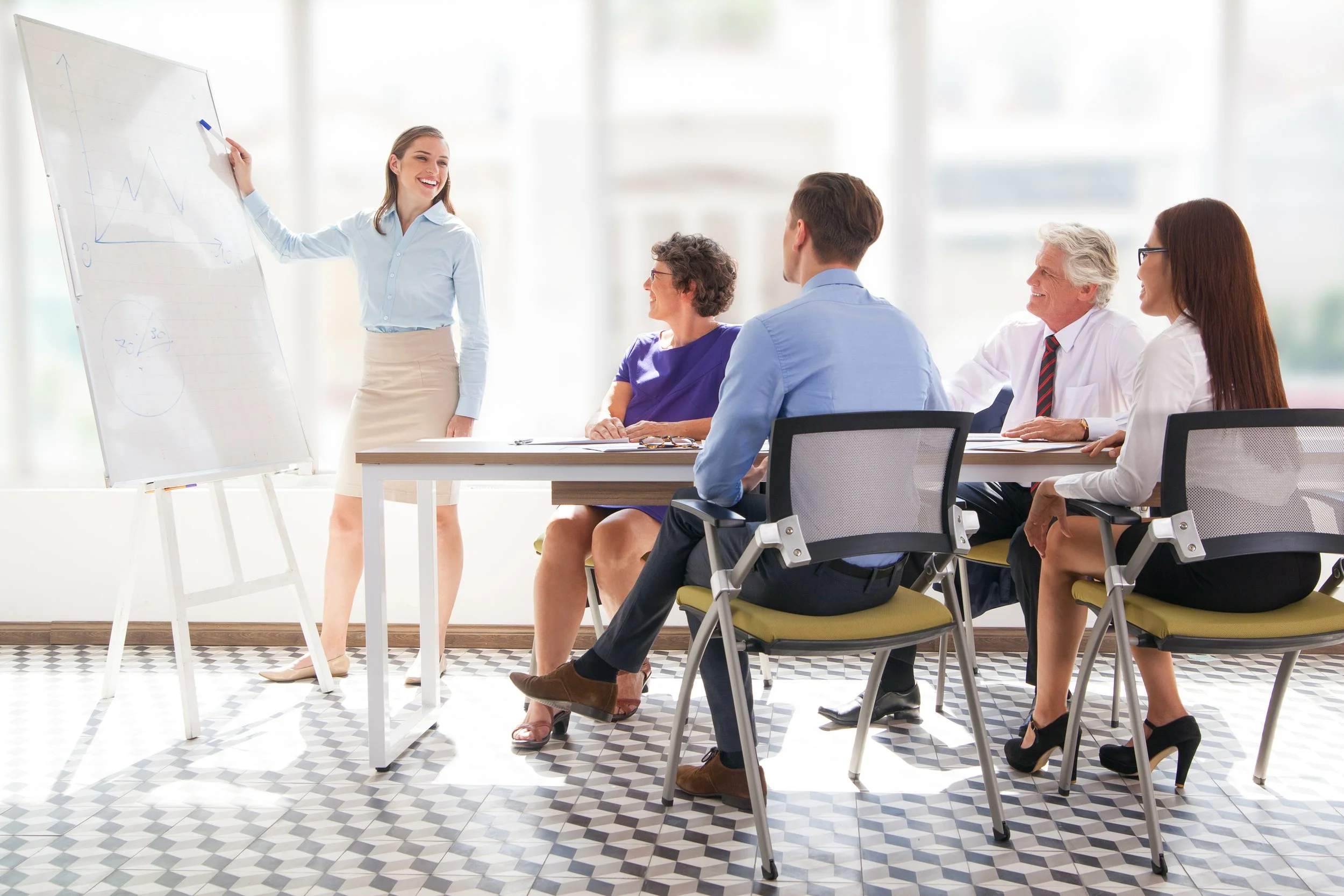 A woman in business casual attire is giving a presentation to a group of five people seated at a table, with a whiteboard displaying a chart behind her in a bright, modern conference room.