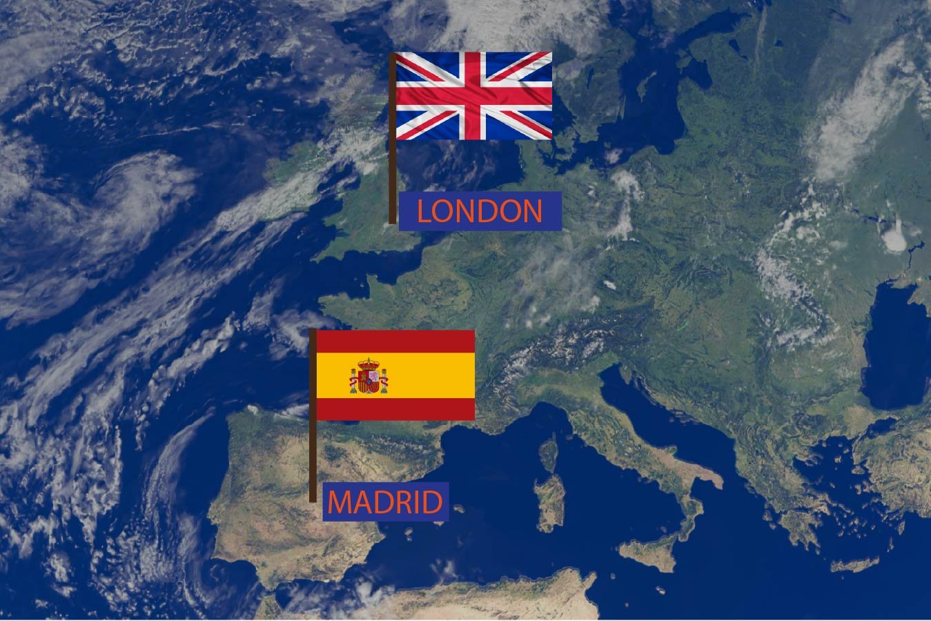 Map of Europe showing the locations of London in the United Kingdom and Madrid in Spain, with the respective flags and labels.