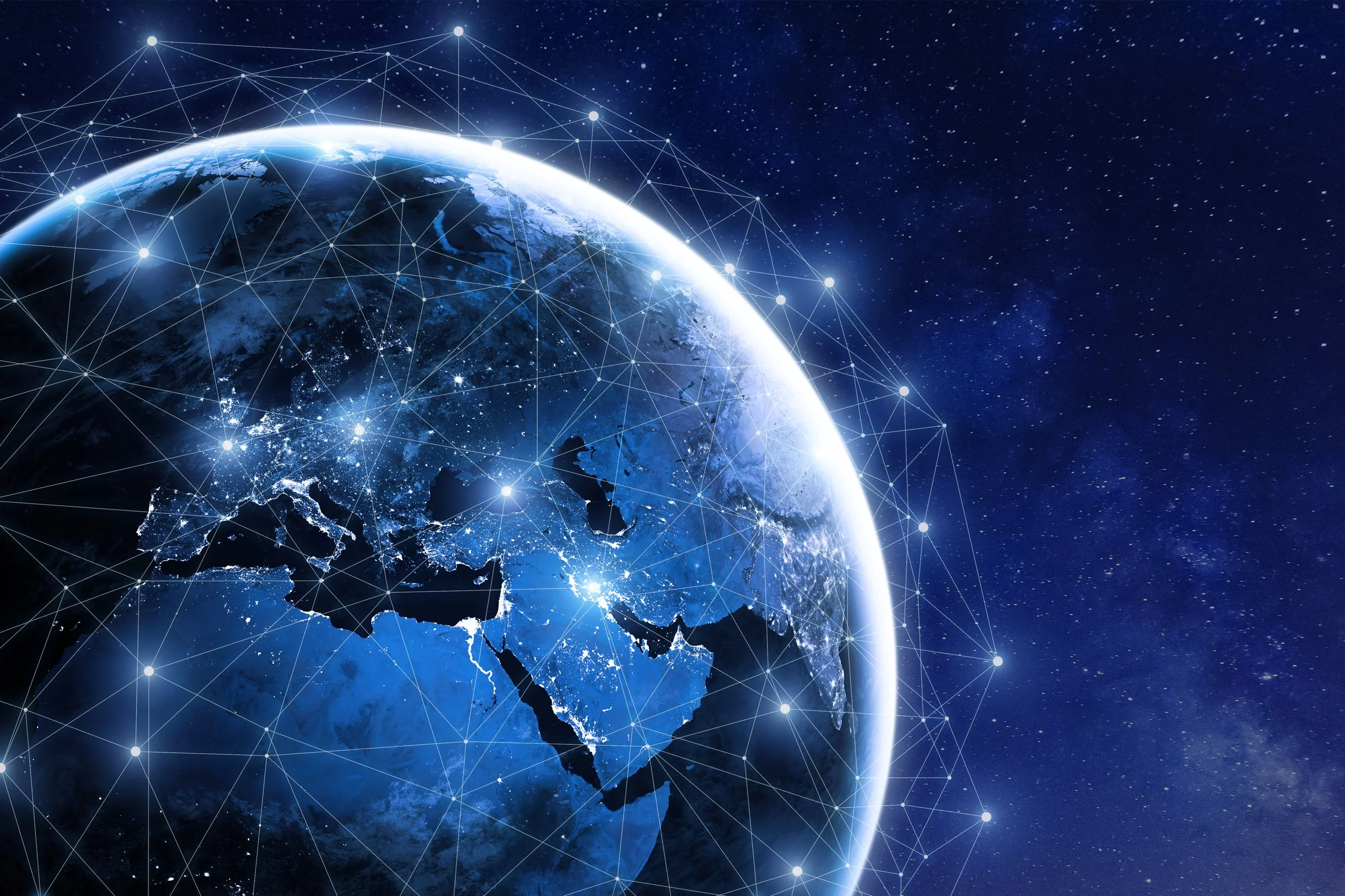 Digital rendering of Earth with a network of interconnected white nodes and lines, set against a starry space background.