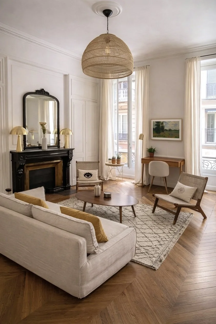 Salon haussmanien rénové à Lyon avec parquet en point de Hongrie et décoration élégante – architecture d’intérieur sur-mesure