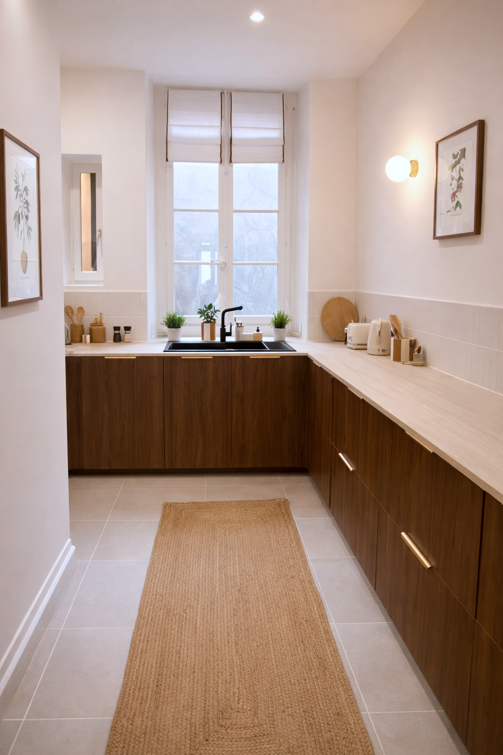 Cuisine rénovée à Lyon avec mobilier en bois et plan de travail clair – aménagement intérieur fonctionnel et élégant