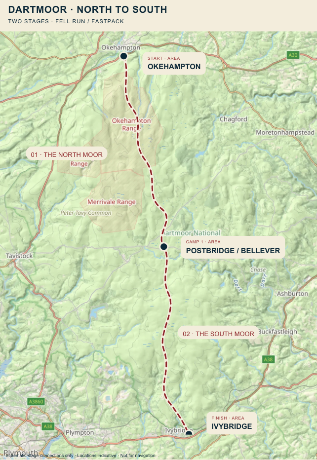 Dartmoor expedition overview showing Okehampton, the overnight camp area at Postbridge and Bellever, and the finish at Ivybridge