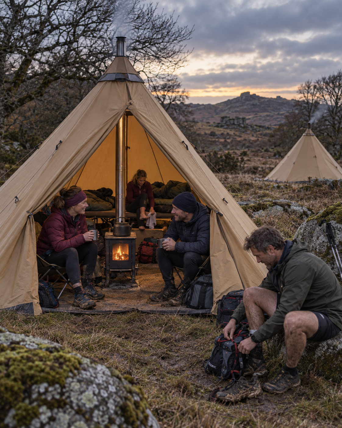 Runners resting beside a stove at a supported tipi camp on Dartmoor