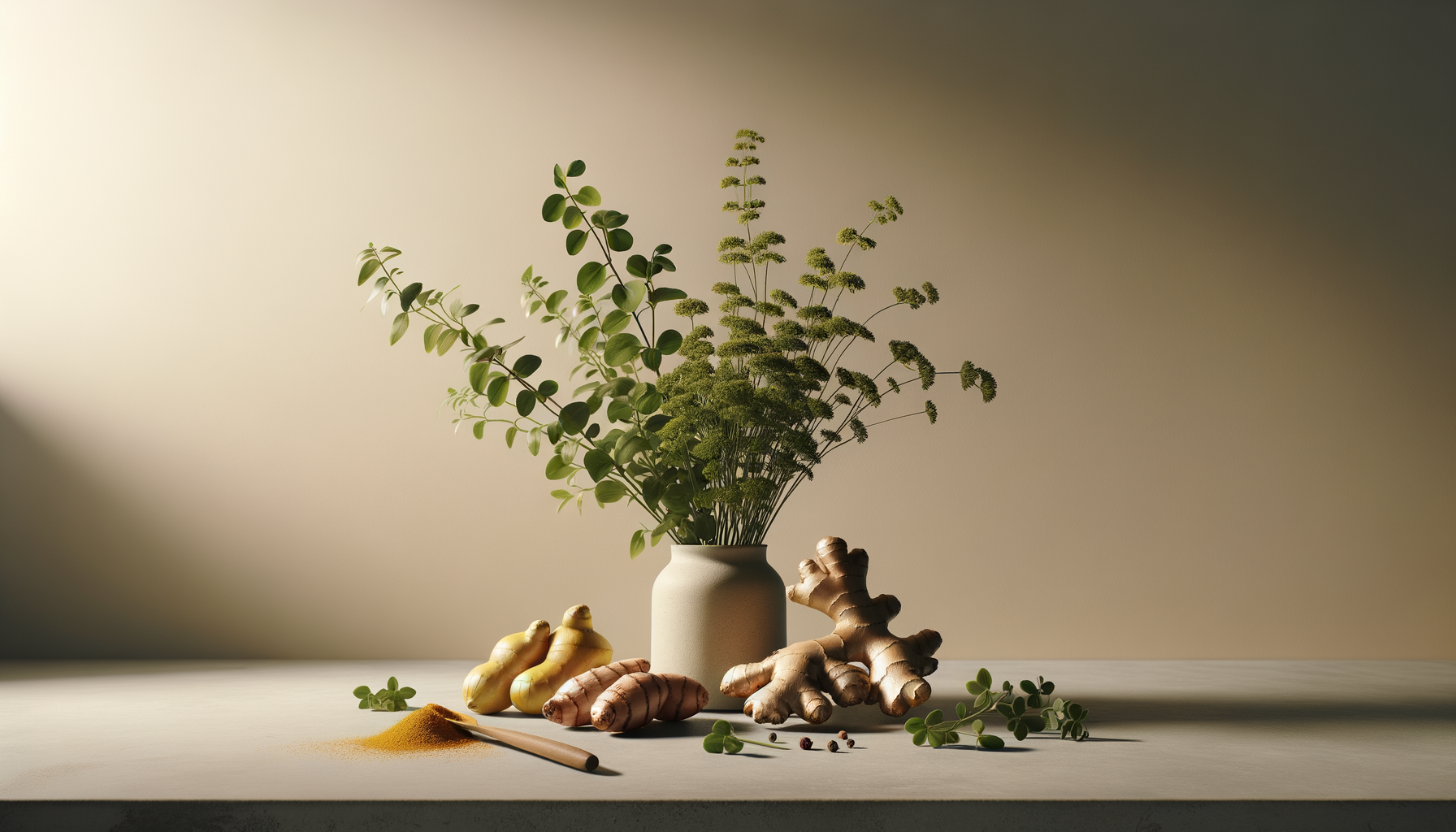 A still life of ginger, turmeric, fresh herbs, and spices on a white surface with a neutral background.
