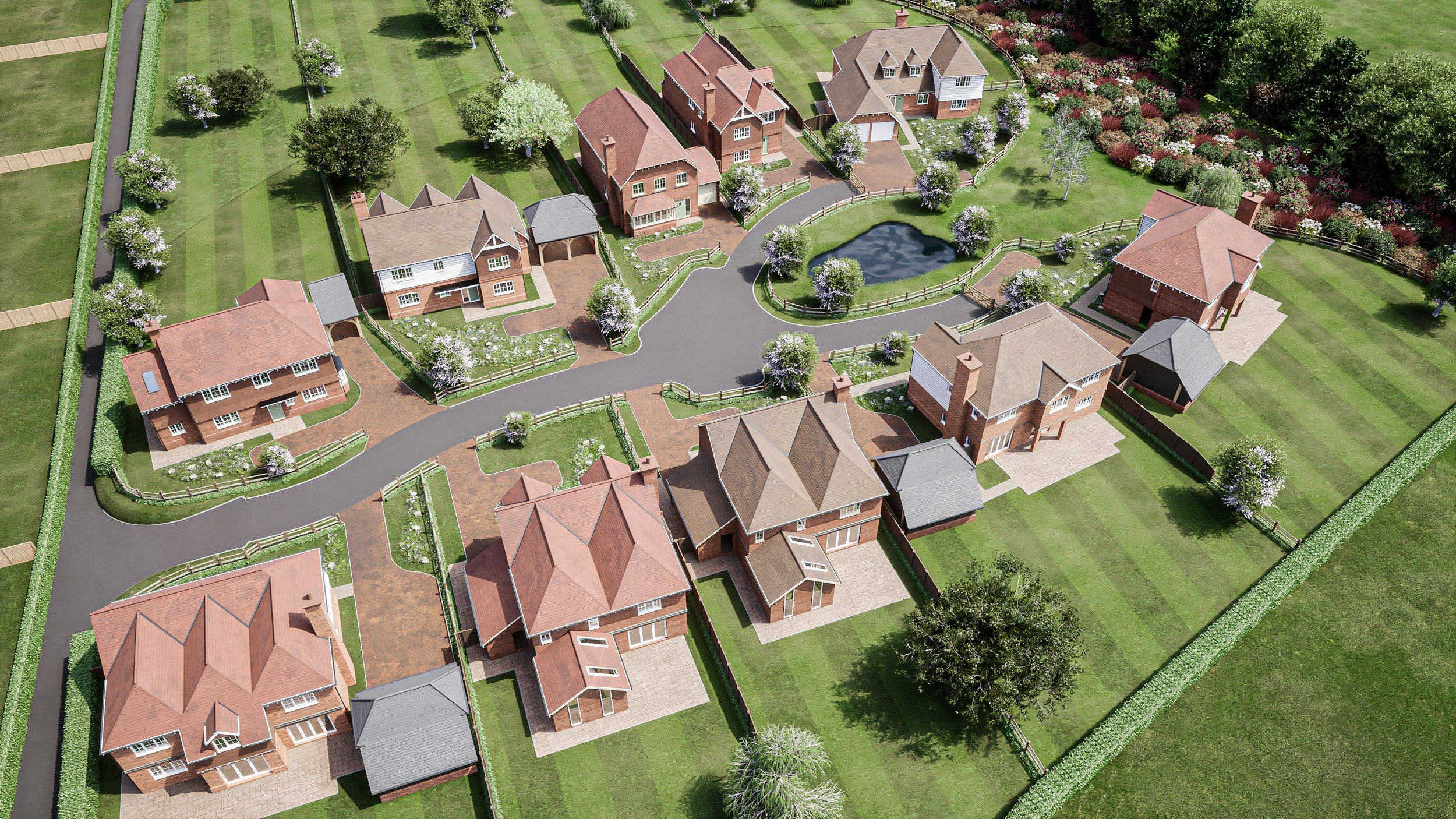 A bird's eye view of a suburban neighborhood with multiple houses, a small pond, trees, and green lawns, separated by fences and a curved road.