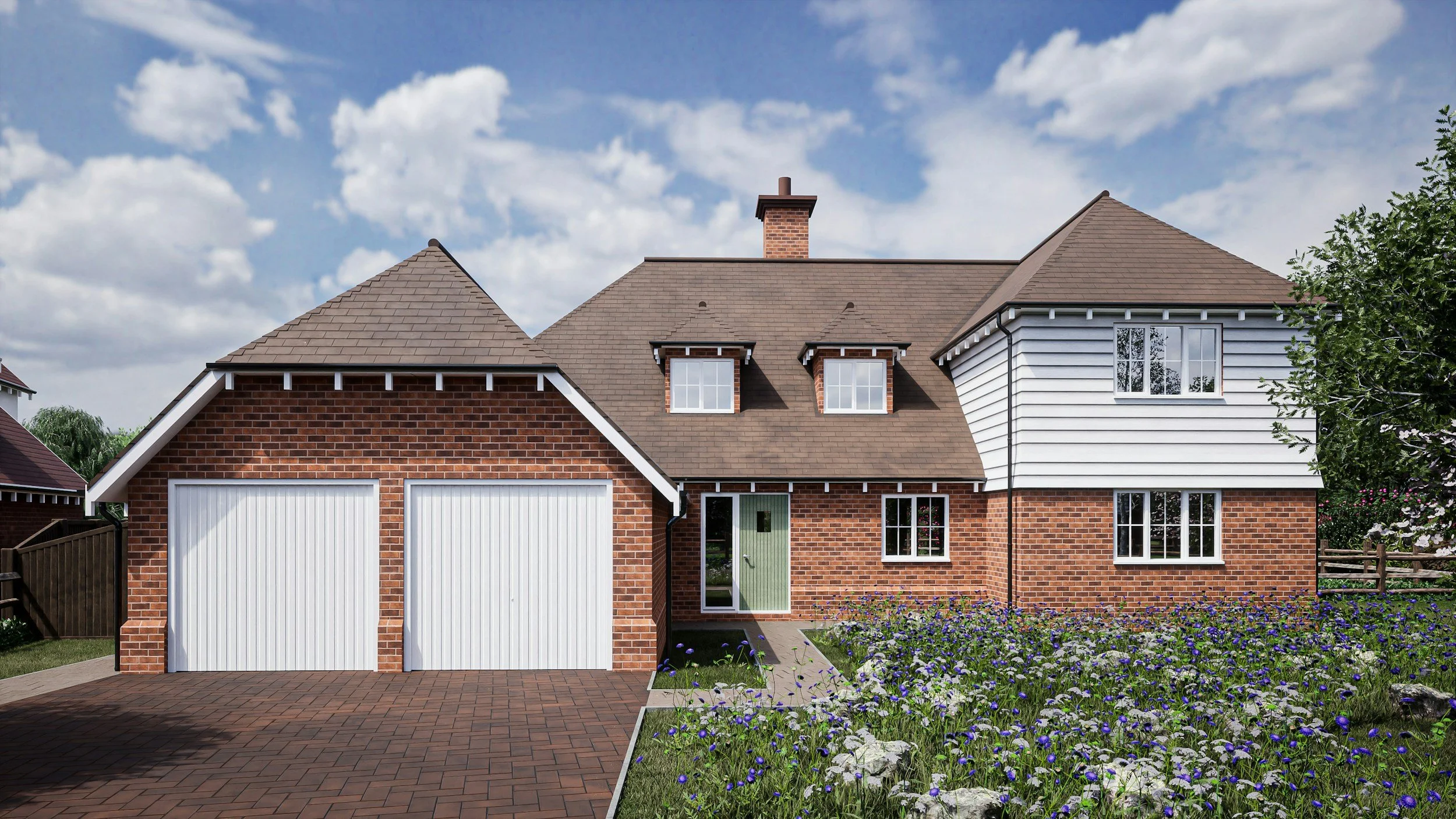 A modern two-story brick house with a garage, green front door, and white siding on part of the upper level, set against a partly cloudy sky with a garden full of purple and white flowers in the foreground.