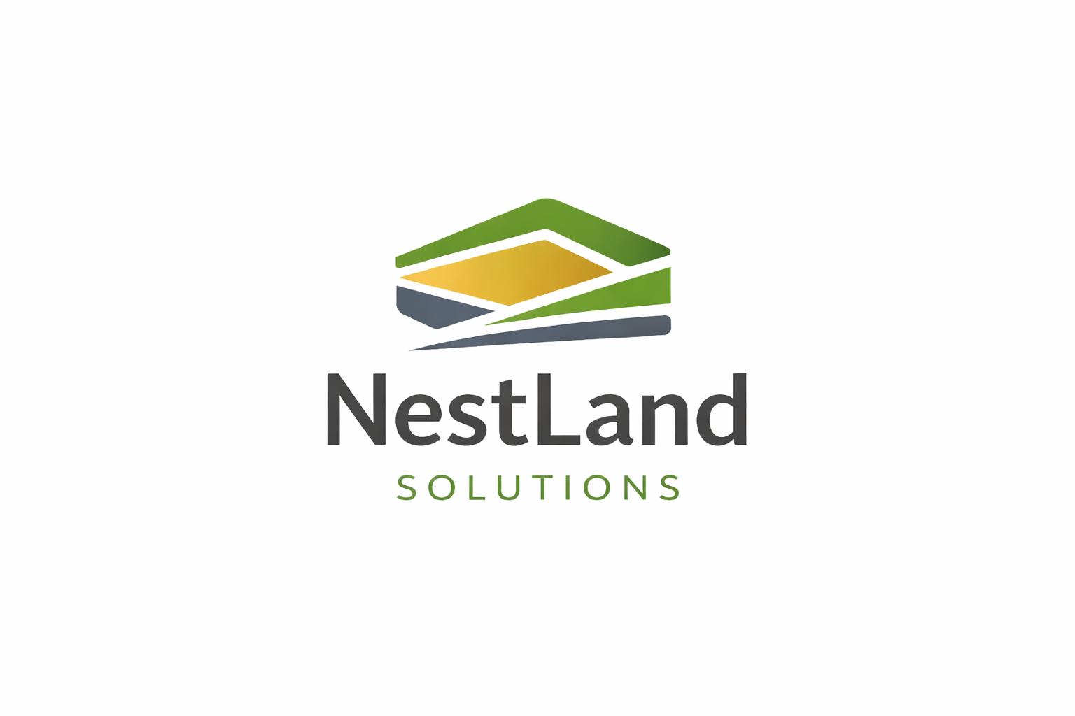 Logo for NestLand Solutions with stylized geometric leaf design in green, yellow, and gray, and text 'NestLand Solutions' underneath.