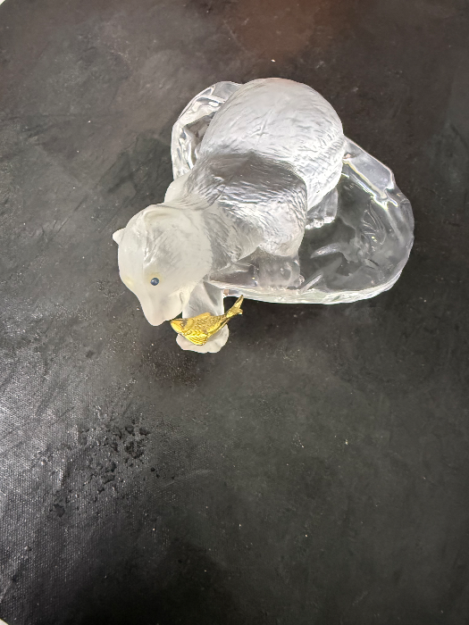 Attractive crystal polar bear figure in the Faberge style, set with precious stones and embellished with 22ct gold vermeil fish.
Crafted from lead crystal in the tradition of the famous Faberge animal sculptures.