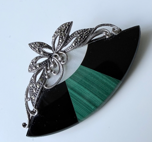 Art Deco Sterling Silver Fan Brooch – Onyx, Malachite & Mother-of-Pearl