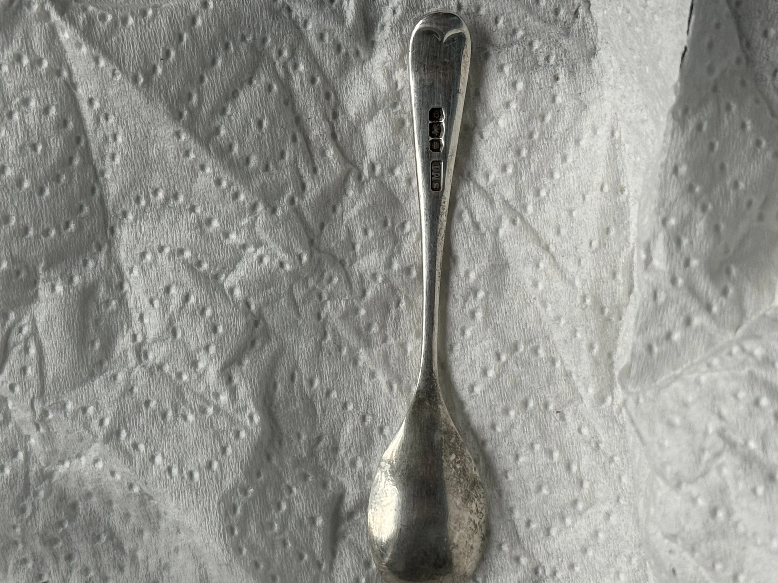A Silver cruet mustard spoon .