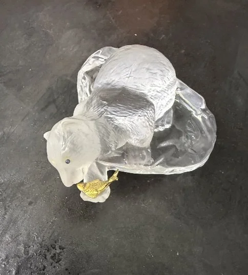 Attractive crystal polar bear figure in the Faberge style, set with precious stones and embellished with 22ct gold vermeil fish.
Crafted from lead crystal in the tradition of the famous Faberge animal sculptures.