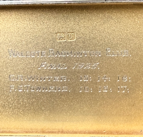 Silver Vesta Box depicting Walcote Badminton  club  Final 1925, CR Winter, 15-14-18, F C Townend, 10-15-17.
