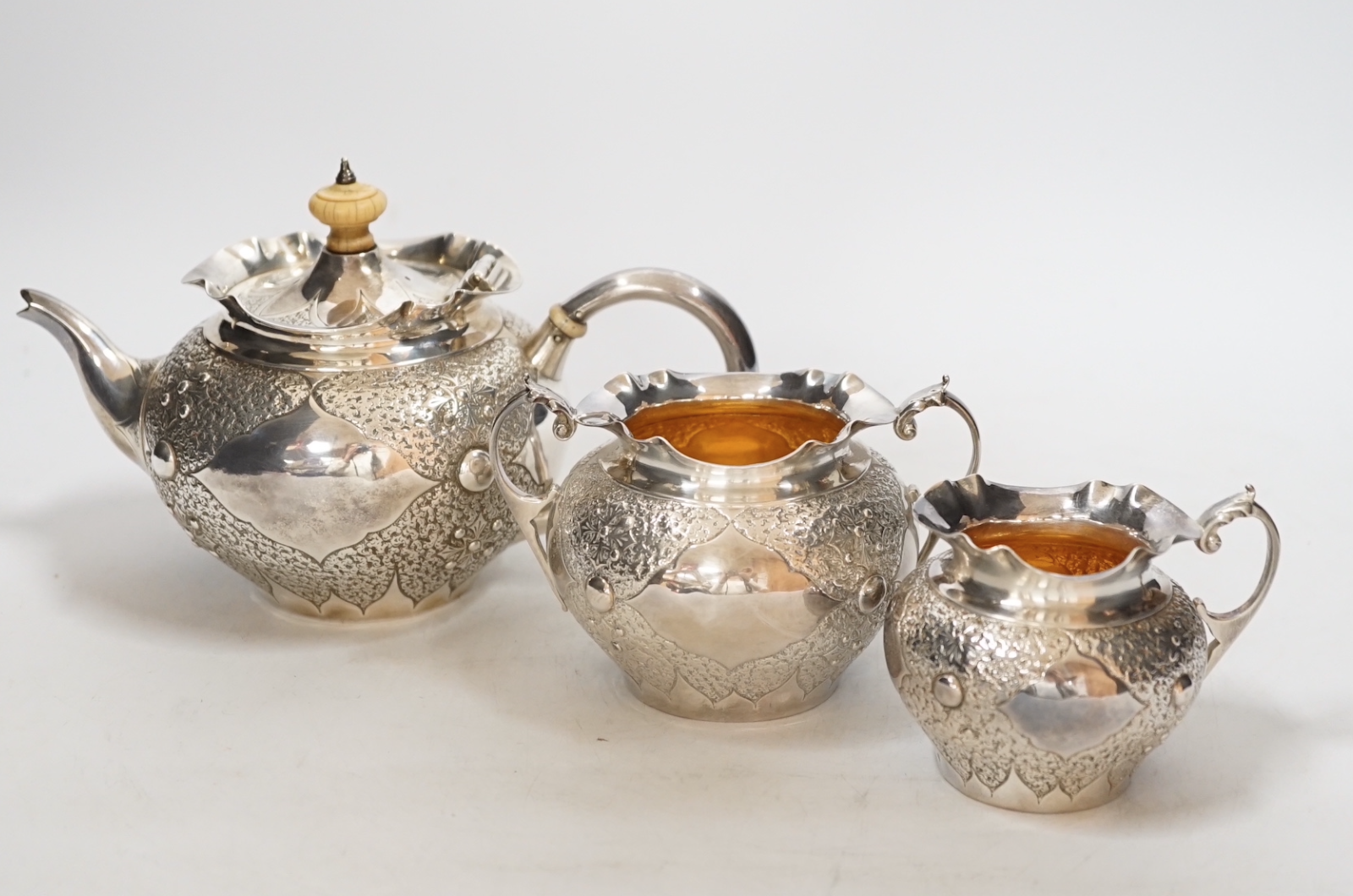 Victorian Embossed Silver Bachelor’s Tea Set – Charles Edwards London 1880