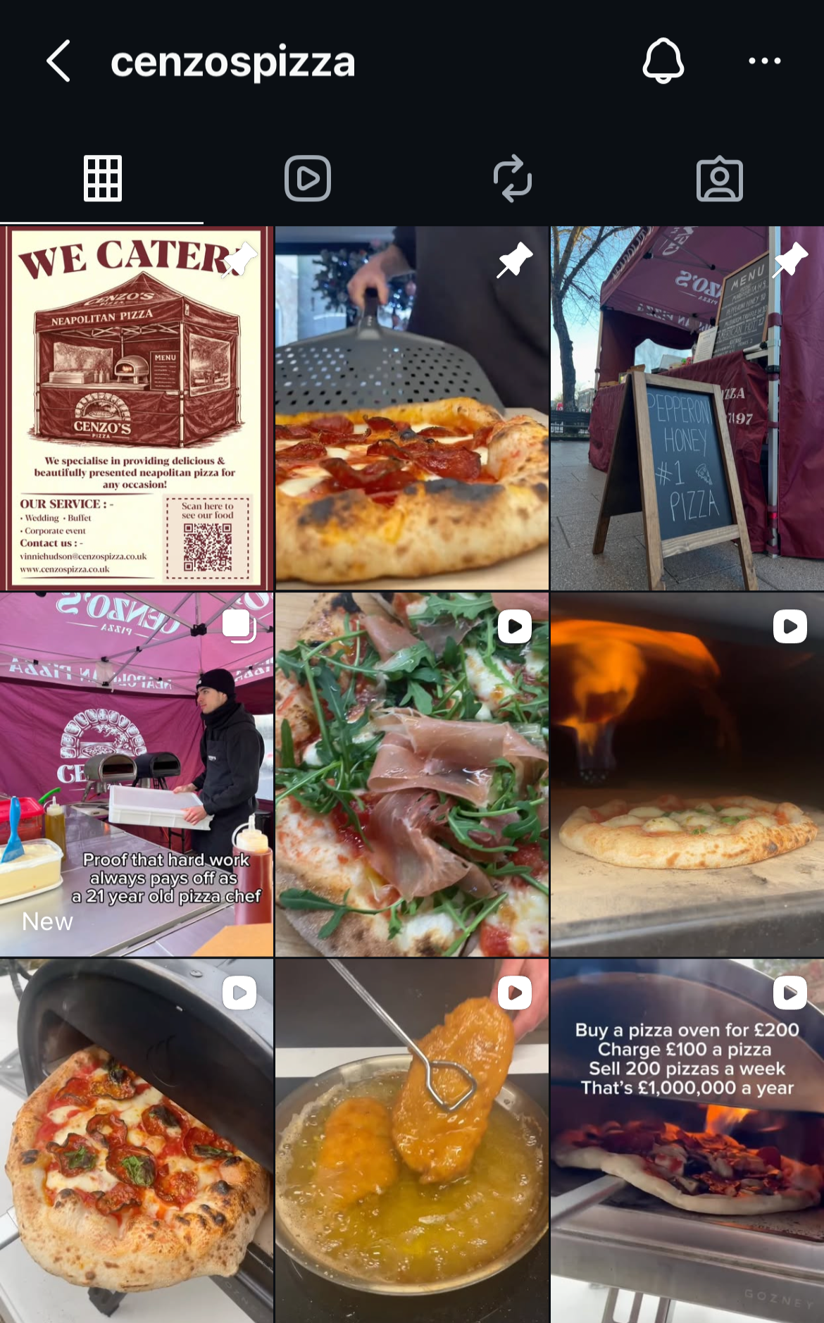 A collage of nine images related to pizza, showing a menu flyer, a person putting toppings on a pizza, a pizza stand, a chef preparing pizza, a pizza with toppings, a pizza being cooked in a wood-fired oven, a pizza in a pan, fried cheese sticks, and a pizza oven with text about pizza sales.