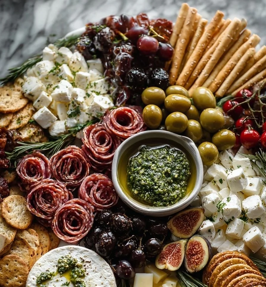 Charcuterie board with grapes, cherry tomatoes, cheese cubes, fig slices, crackers, breadsticks, and a small bowl of green herb sauce.
