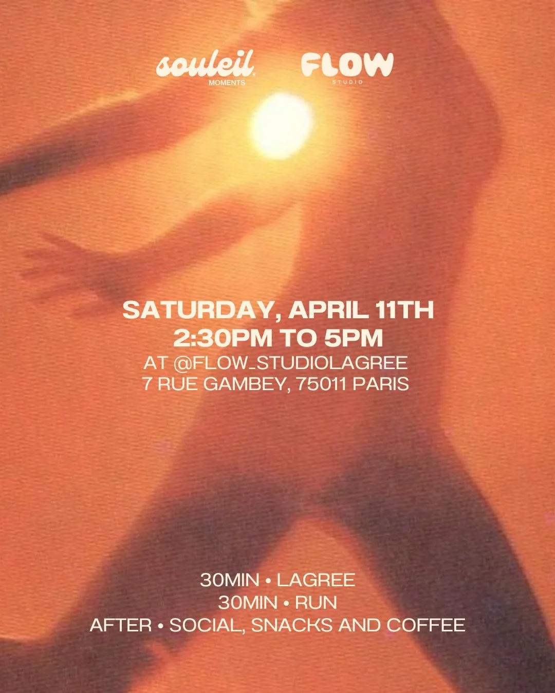 SOULEIL D&Eacute;BARQUE &Agrave; PARIS 🌪️🌞

Rendez vous le samedi 11 avril &agrave; 14h30 au @flow_studiolagree (7 rue Gambey, 75011 Paris) pour une session de Lagree / Run suivi d&rsquo;un talk &amp; food.

Au programme :
- 30 minutes de LAGREE au