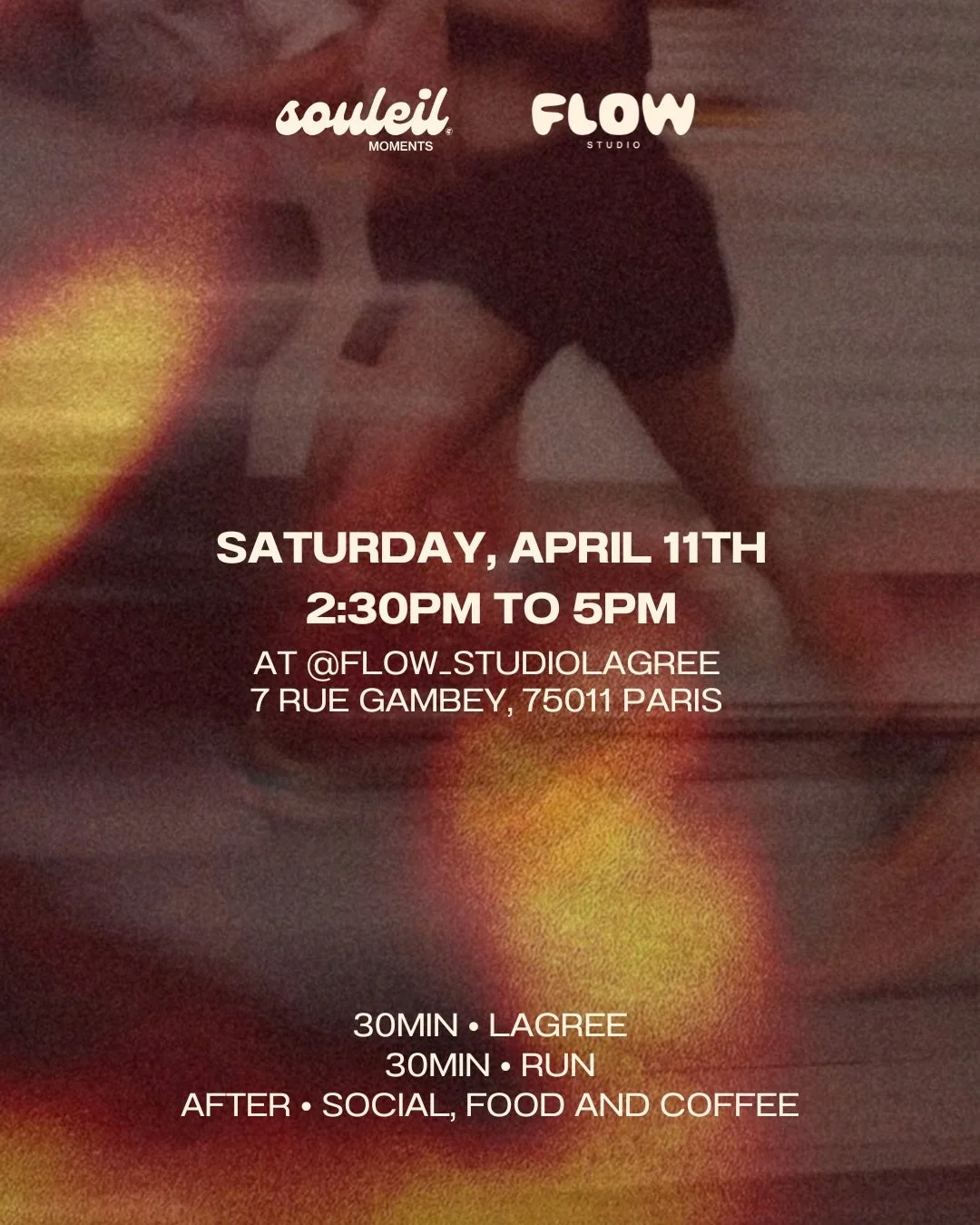 A&iuml;e Chiquita, Souleil pose ses valises &agrave; Paris le samedi 11 avril 🌶️🪩

Rendez vous &agrave; 14h30 au @flow_studiolagree (7 rue Gambey, 75011 Paris) pour une session de Lagree / Run suivi d&rsquo;un talk &amp; food.

- 30 minutes de LAGR