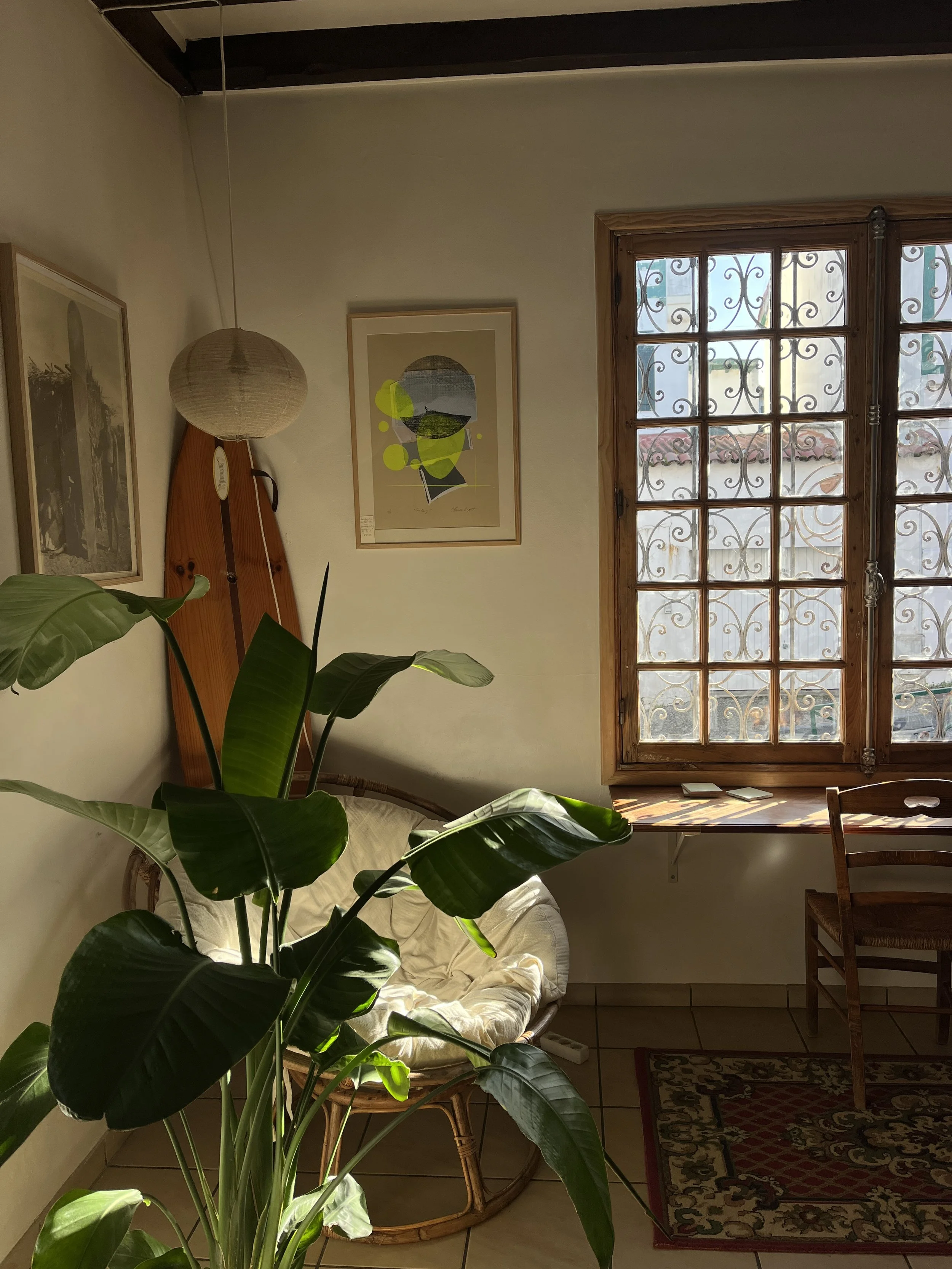 Une pièce avec une fenêtre en bois, un fauteuil en rotin avec coussin beige, une grande plante verte, deux tableaux sur le mur et un tapis coloré au sol.