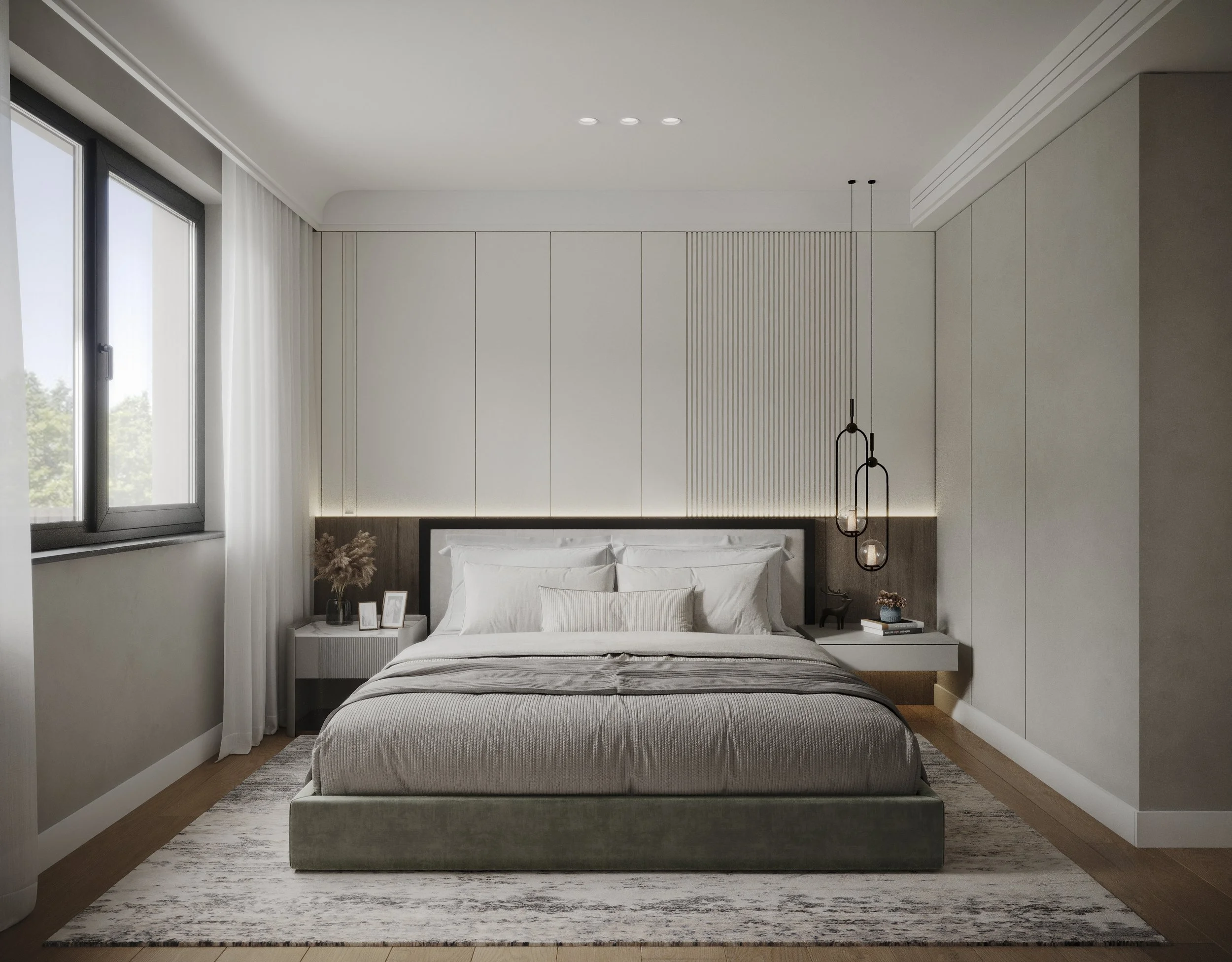 Modern bedroom with a large bed, white bedding, side tables, pendant lights, window with curtains, and minimal decor.