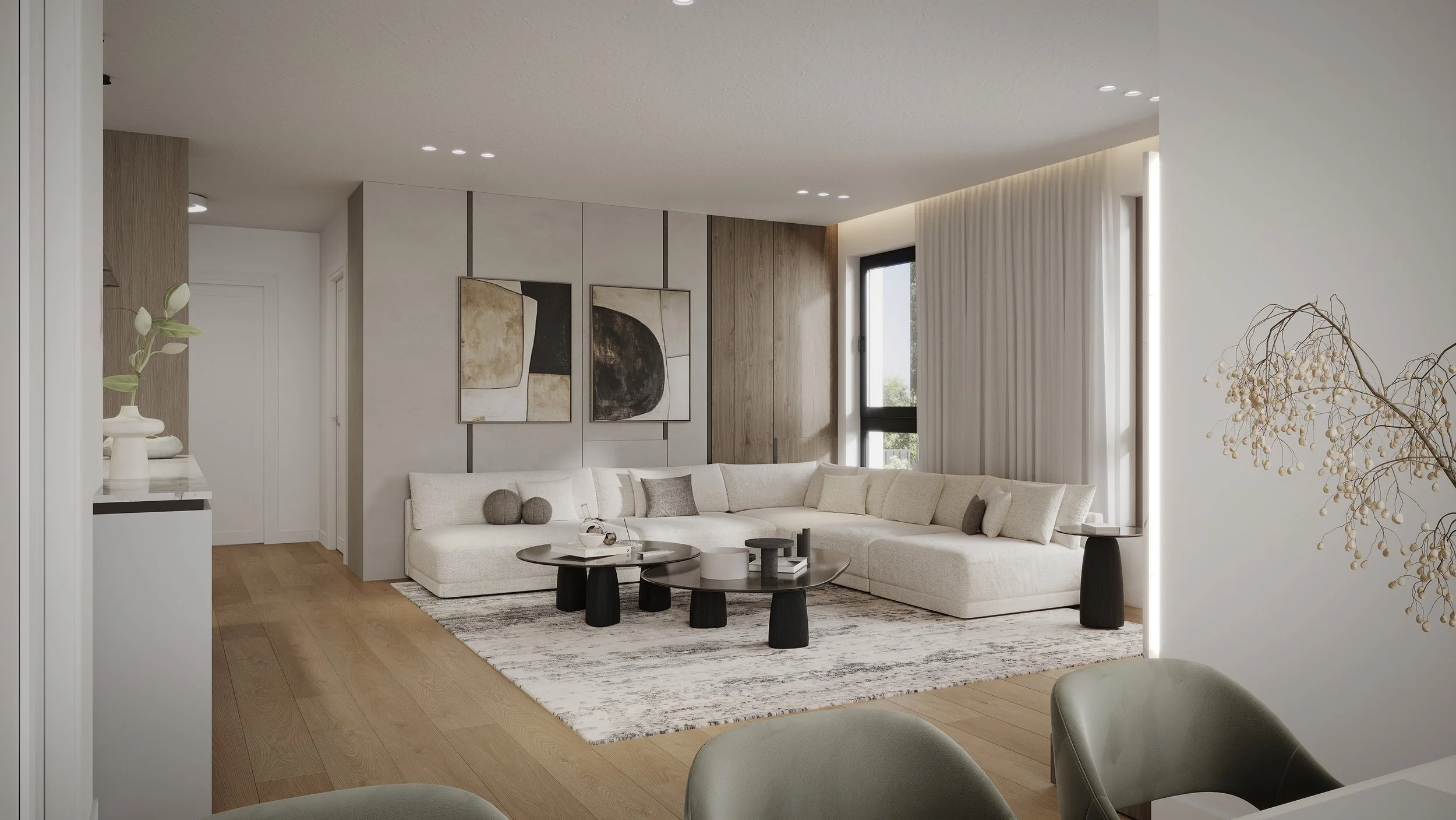 Modern living room with large cream sectional sofa, abstract wall art, black and white coffee tables, and large window with white curtains, decorated with minimalist decor and neutral tones.