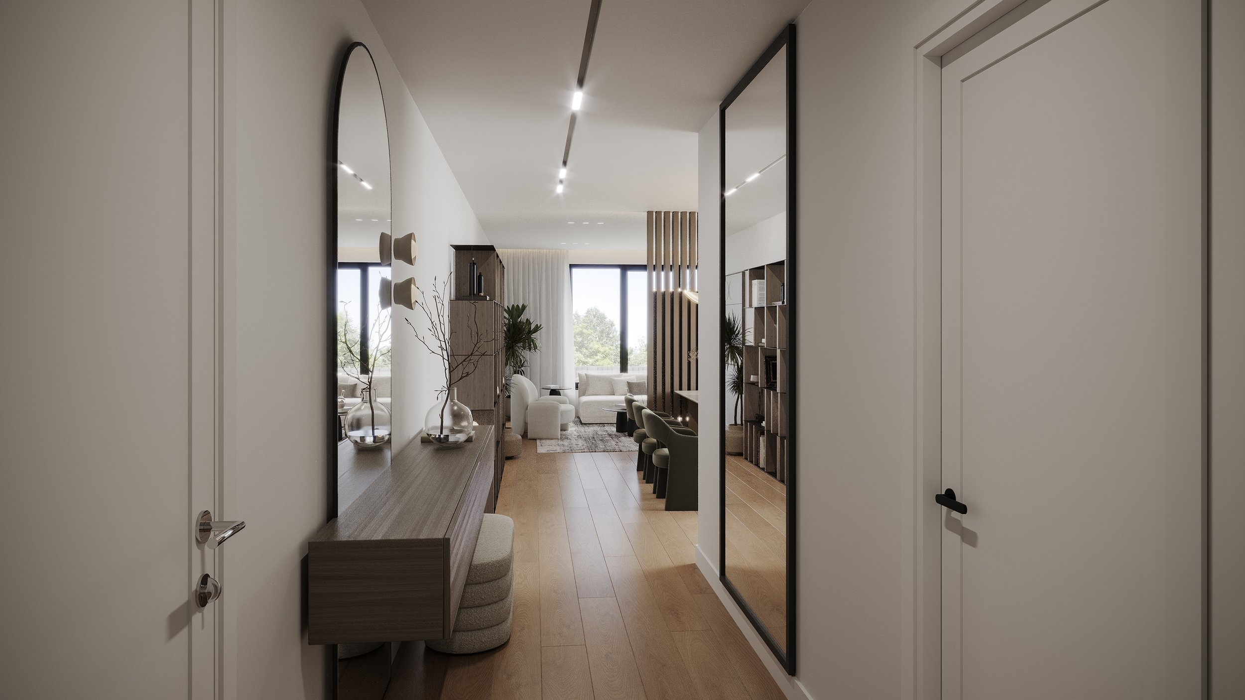 Interior view of a modern living space with wooden flooring, a white sofa, and black chairs, separated by wooden slats and shelving units, with large windows and decor including vases and plants.