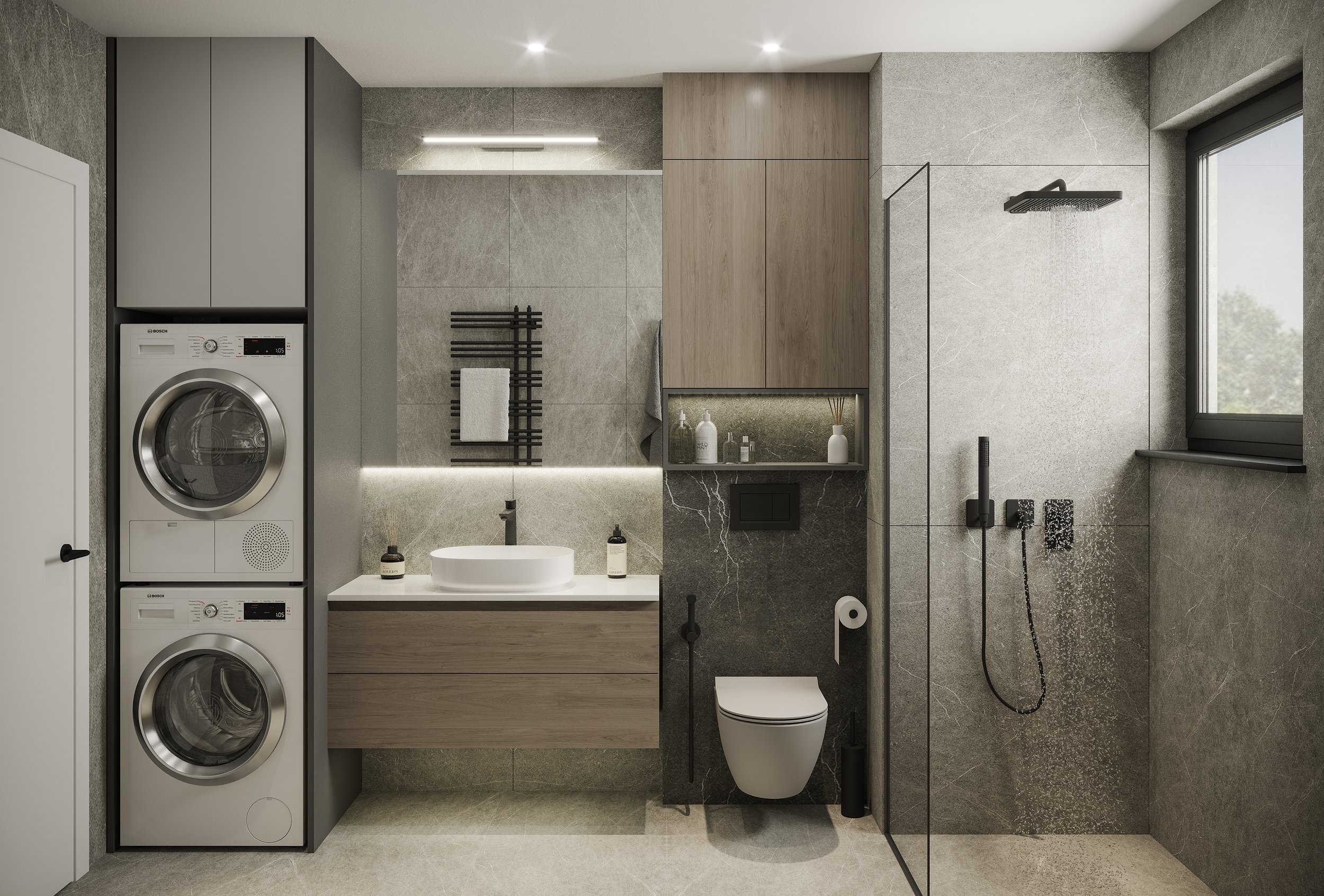 Modern bathroom with a stacked washer and dryer, a wooden vanity with a vessel sink, wall-mounted toilet, and a walk-in shower with a rain showerhead, gray and beige tiles, and a window.