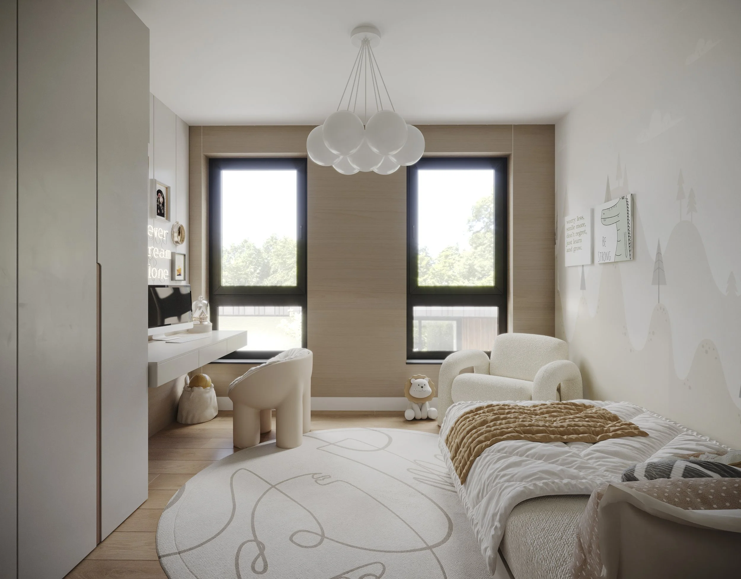 A cozy children's bedroom with a white bed, a beige armchair, a desk with a computer, and large windows letting in natural light.