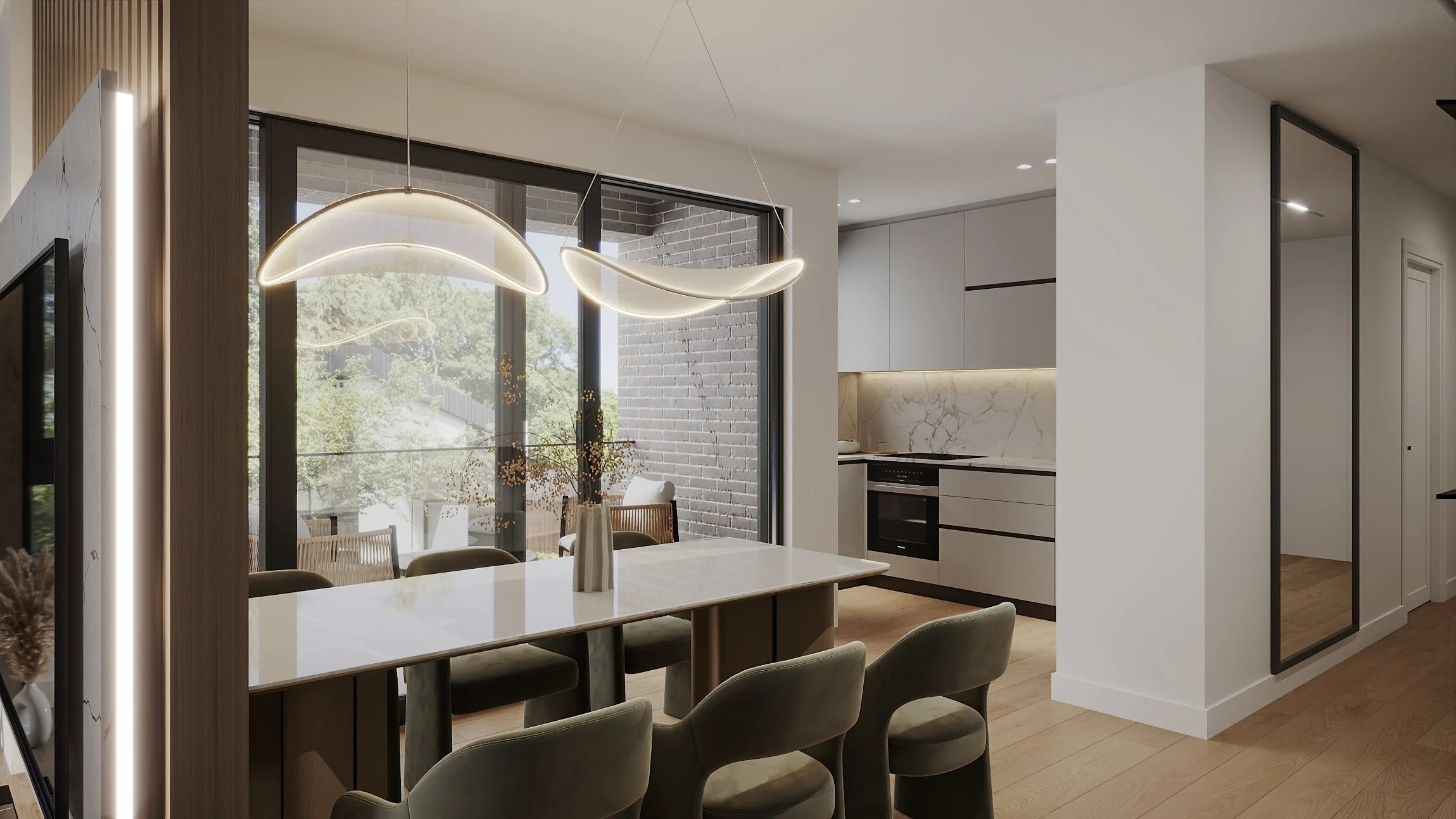 Modern dining area with a white marble table, beige upholstered chairs, and unique abstract pendant lighting. Large windows reveal an outdoor patio and greenery.