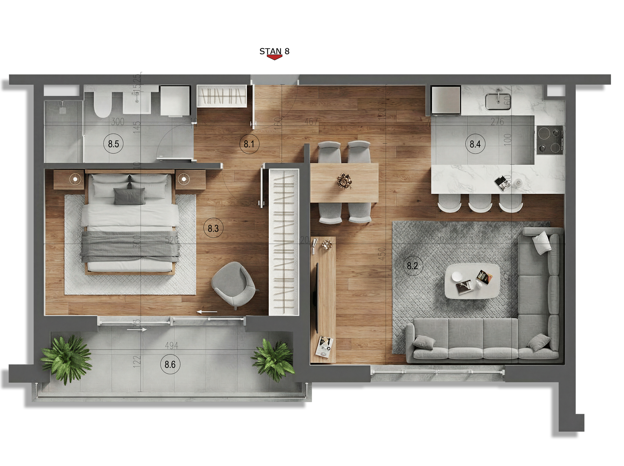 Floor plan of a modern apartment featuring a bedroom, bathroom, living room, kitchen, dining area, and balcony with plants.