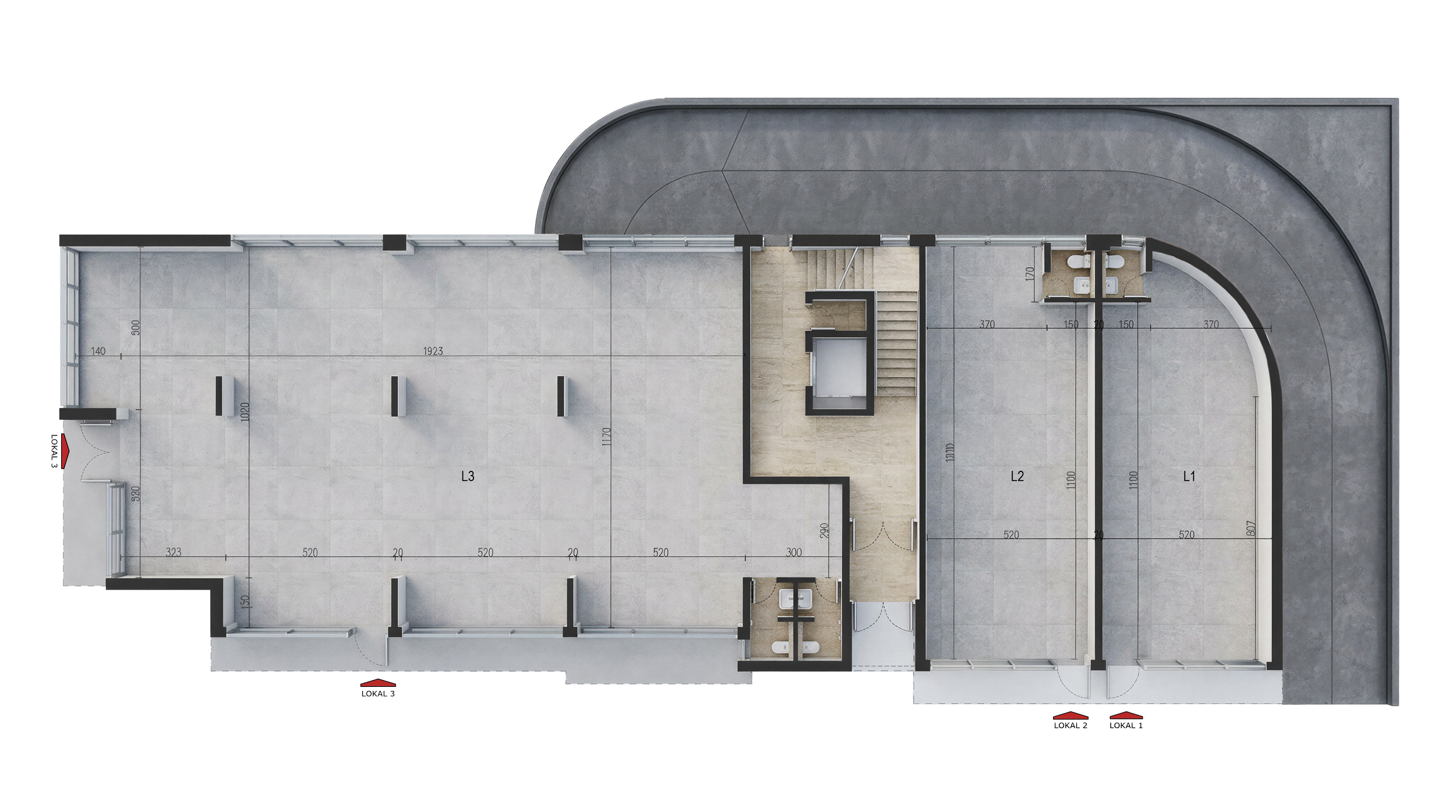 Floor plan of a building with three large open areas labeled L1, L2, and L3, staircases, restrooms, entrance doors, and outdoor parking adjacent to the building.