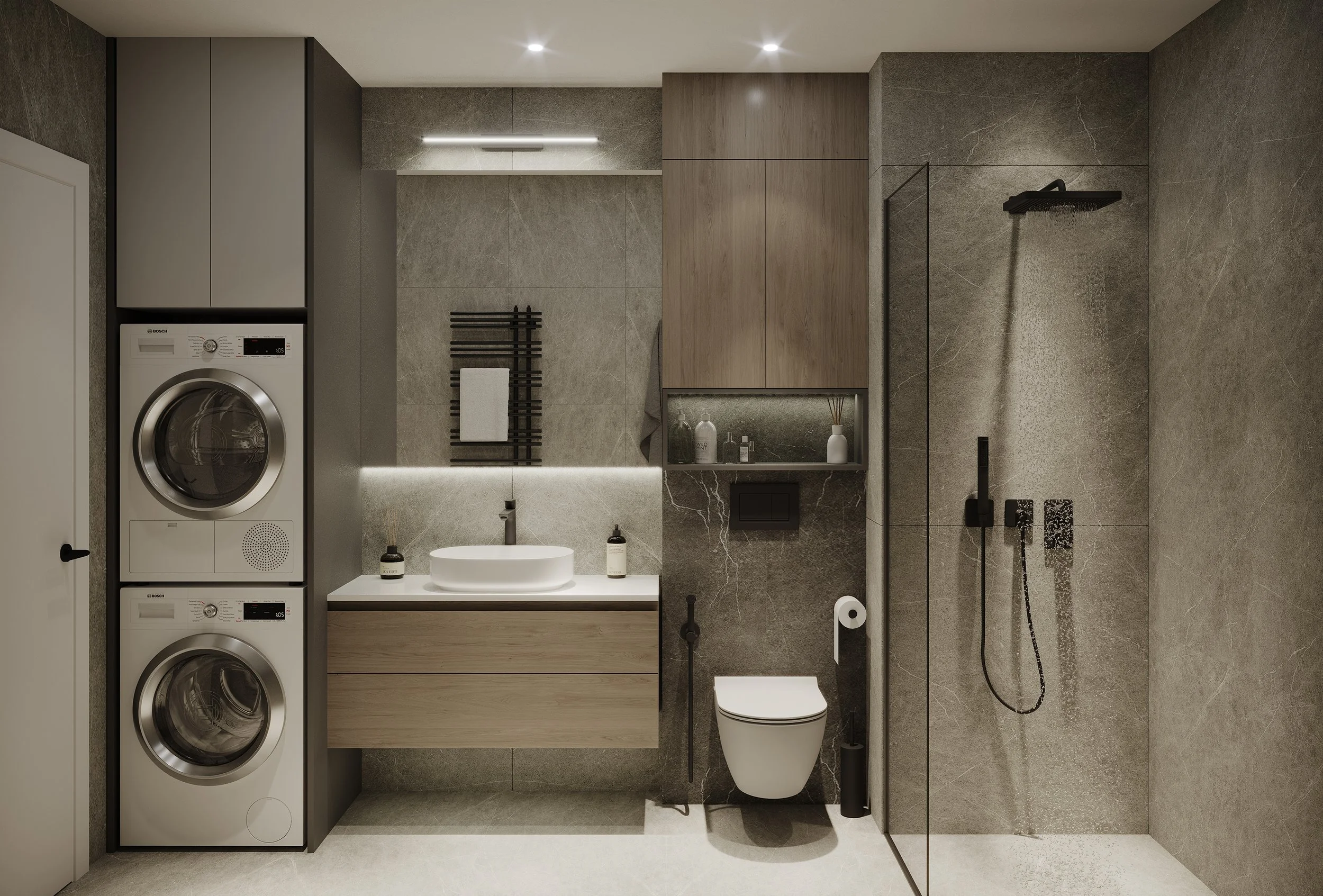 Modern bathroom with stacked washer and dryer, sink, mirror, cabinet, toilet, and walk-in shower with black fixtures and grey marble walls.