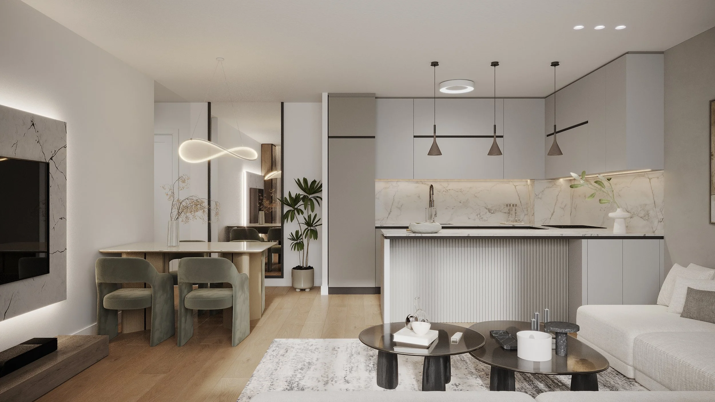 Modern living room and open kitchen with light gray cabinets, marble backsplash, white sofa, and black coffee tables.