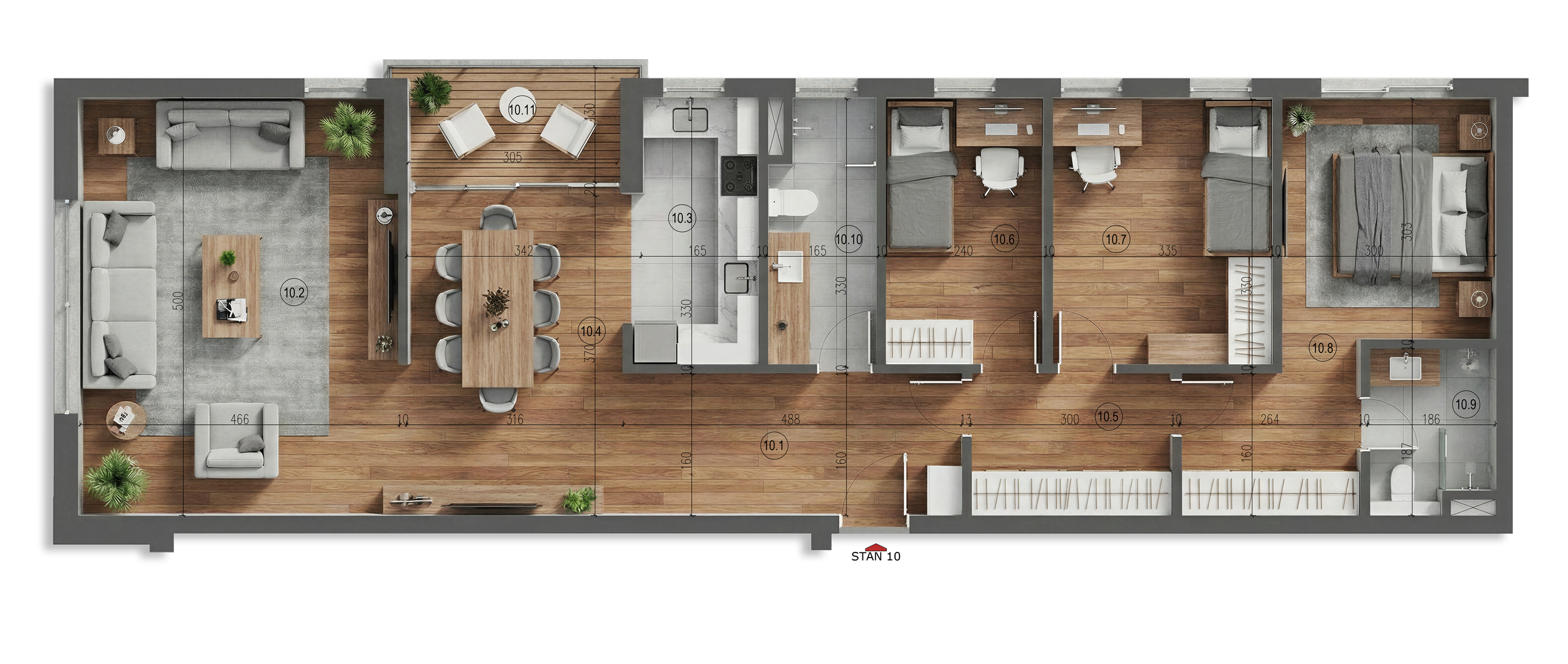 Floor plan of a modern apartment with living room, dining area, kitchen, three bedrooms, bathroom, and balcony.