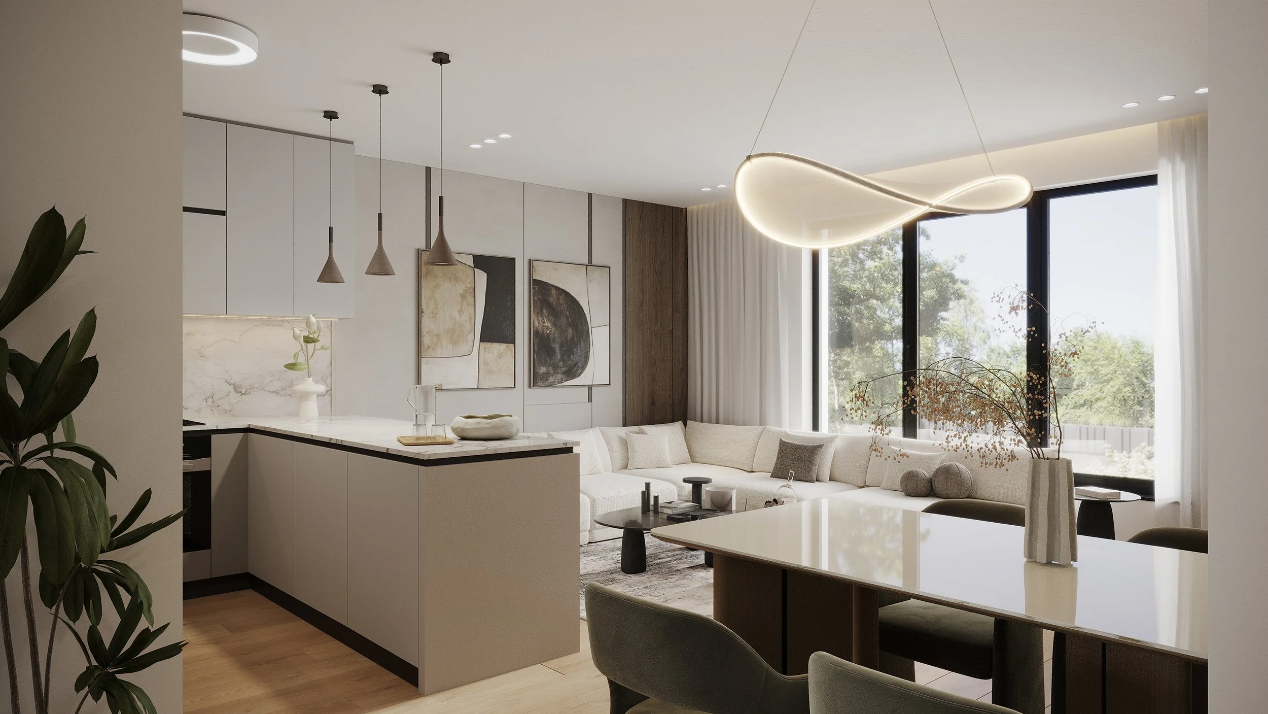 Modern open-plan living room and kitchen with large windows, white L-shaped sofa, abstract artwork, minimalist pendant lights, and contemporary chandelier.