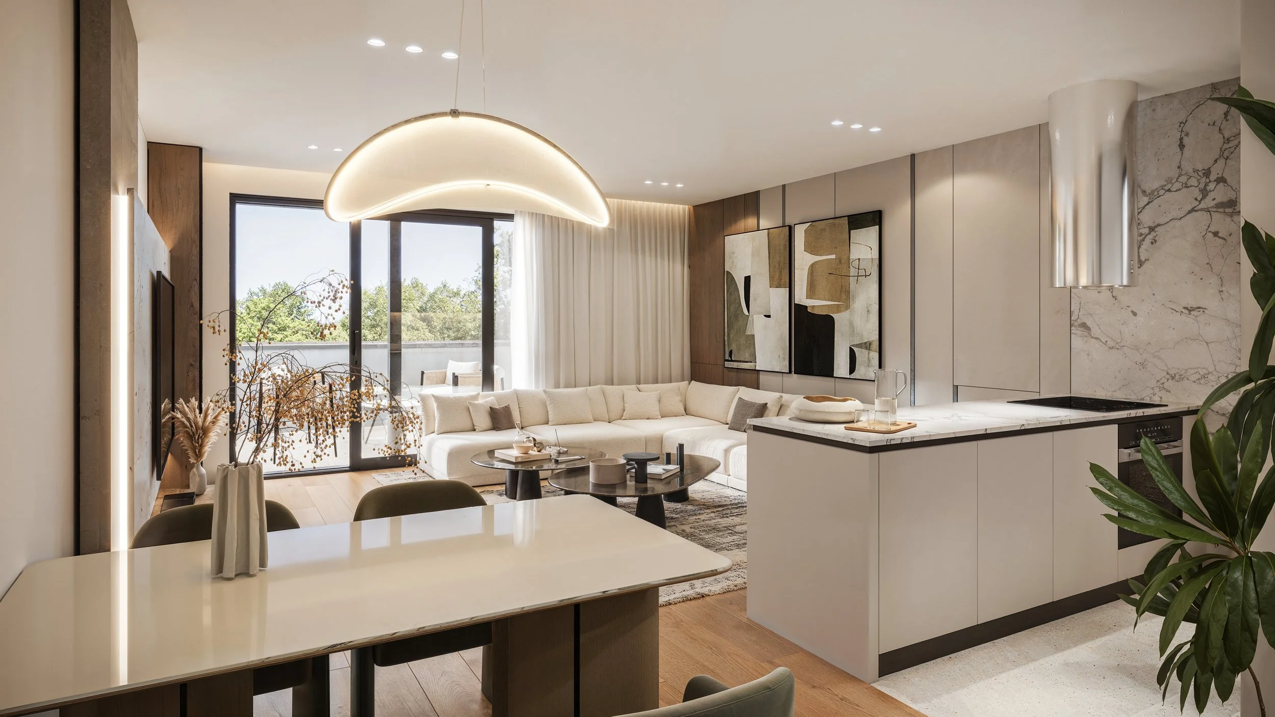 Modern living room and kitchen with white sofa, black coffee tables, abstract wall art, large window with sliding door, dining table with chairs, greenery, and contemporary lighting fixtures.