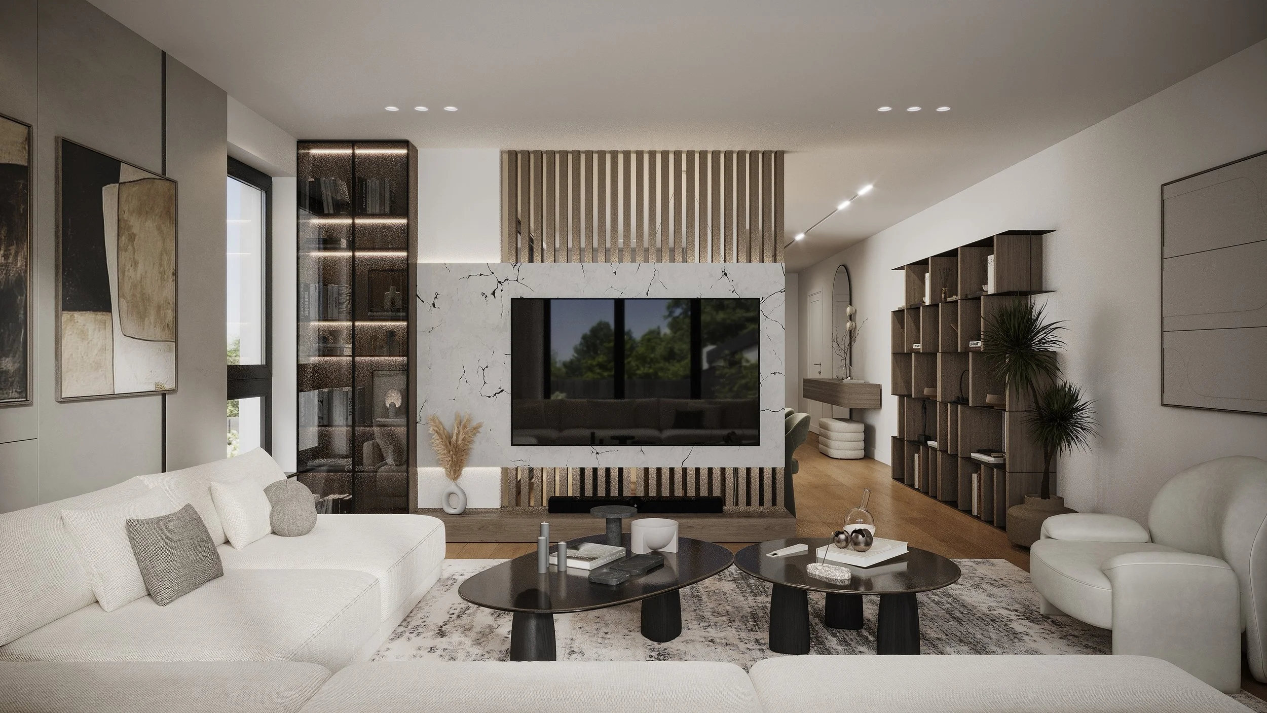 Modern living room with white sectional sofa, black coffee tables, abstract artwork, entertainment wall with large TV, wooden bookshelf, and decorative plants.