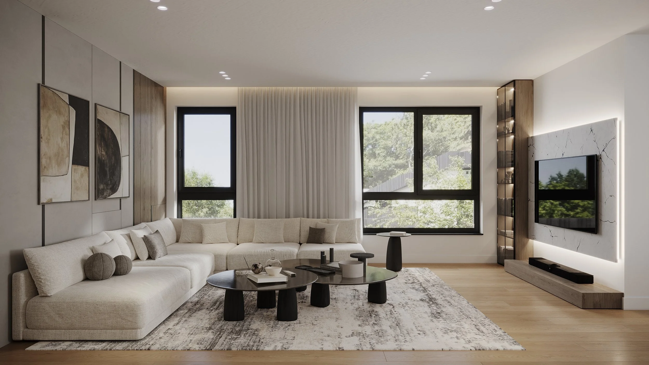 Modern living room with a large beige sectional sofa, abstract wall art, black framed windows, a decorative area rug, coffee tables, and a wall-mounted flat-screen TV on a marble accent wall.