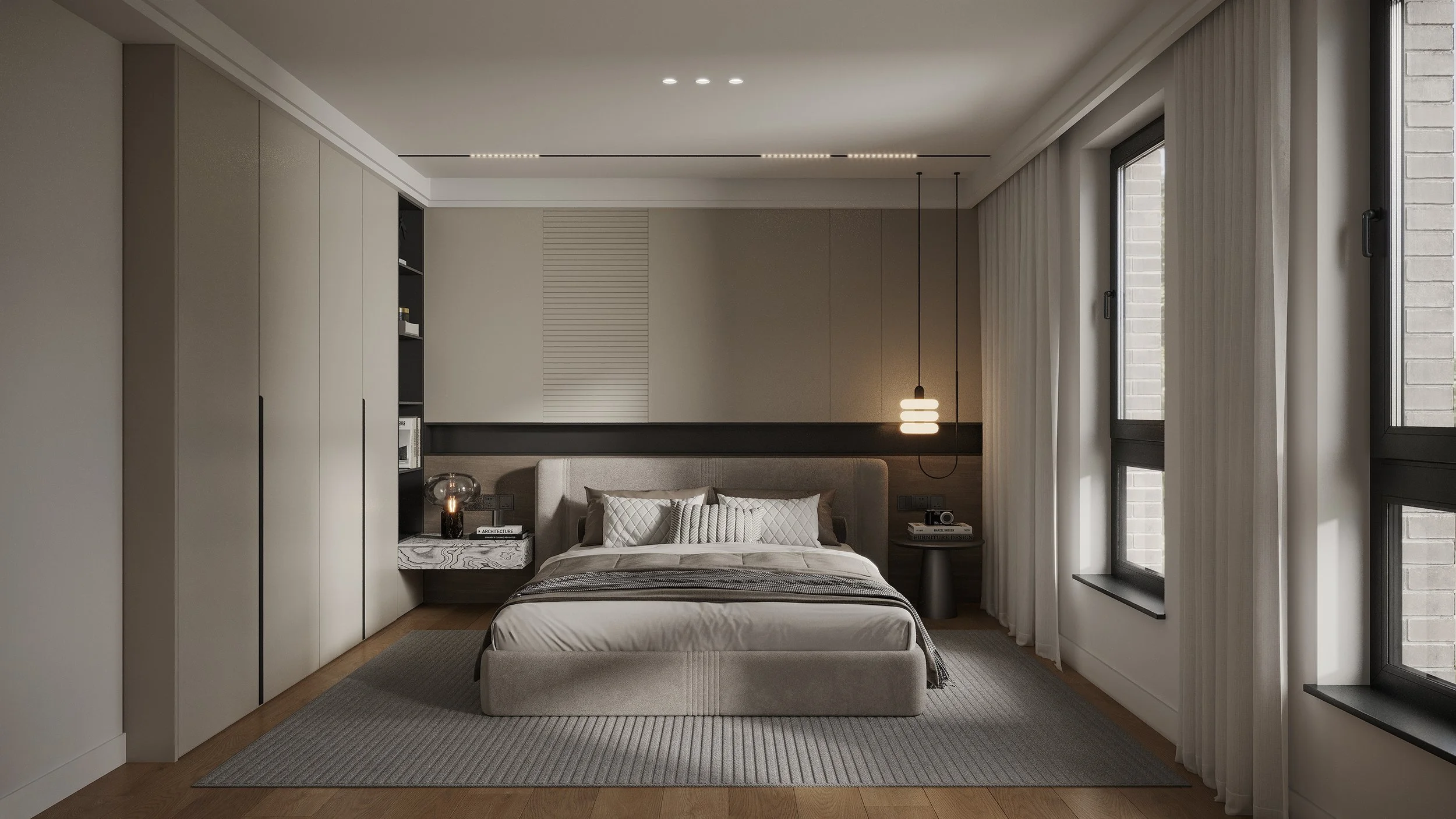 Modern bedroom with beige walls, a bed with neutral bedding and pillows, large windows with white curtains, a built-in wardrobe, and minimalistic lighting.