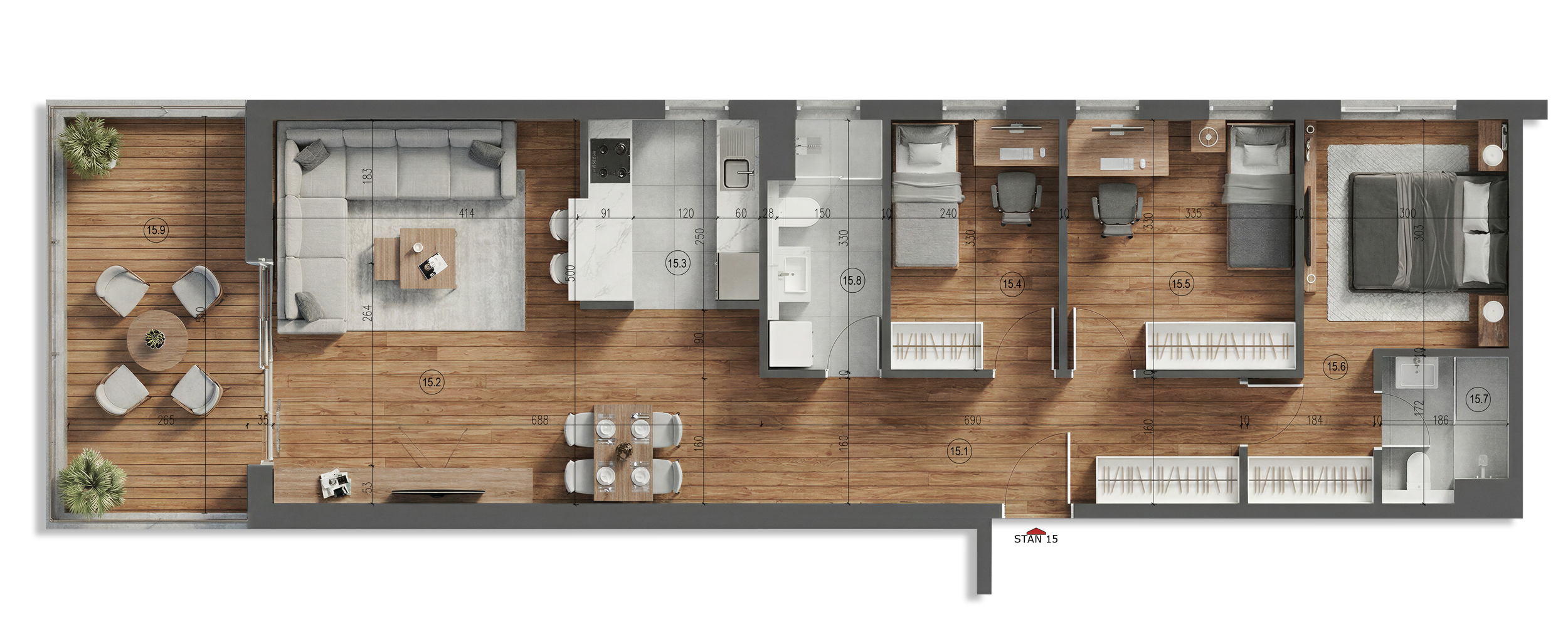 Floor plan of an apartment with a balcony, living room, kitchen, two bedrooms, bathroom, and laundry area, with furniture and measurements labeled.