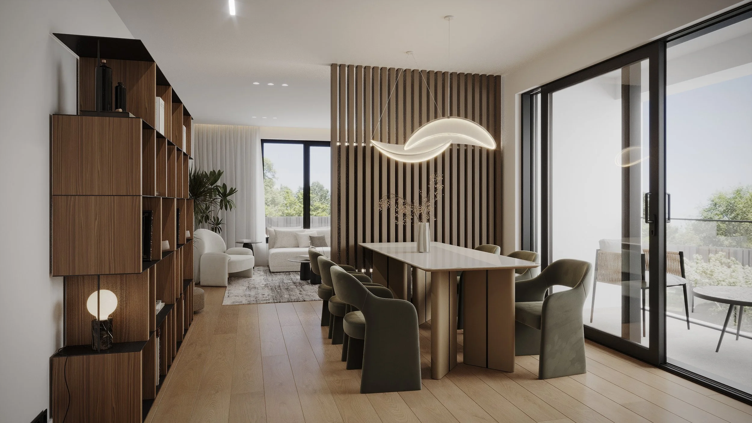 Modern dining area with a white table, green chairs, wooden partition, and sliding glass doors leading to an outdoor patio with chairs and greenery.