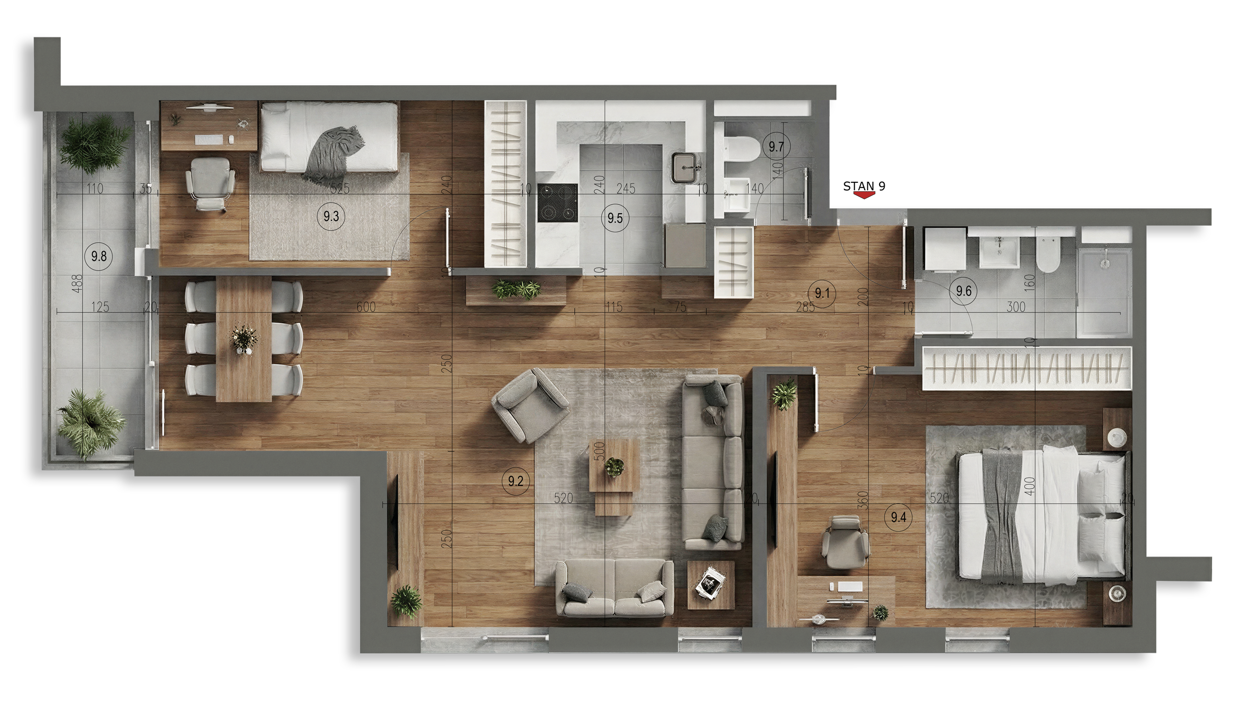 Top-down view of a furnished apartment floor plan including a bedroom, living room, kitchen, dining area, bathroom, and small outdoor balcony.