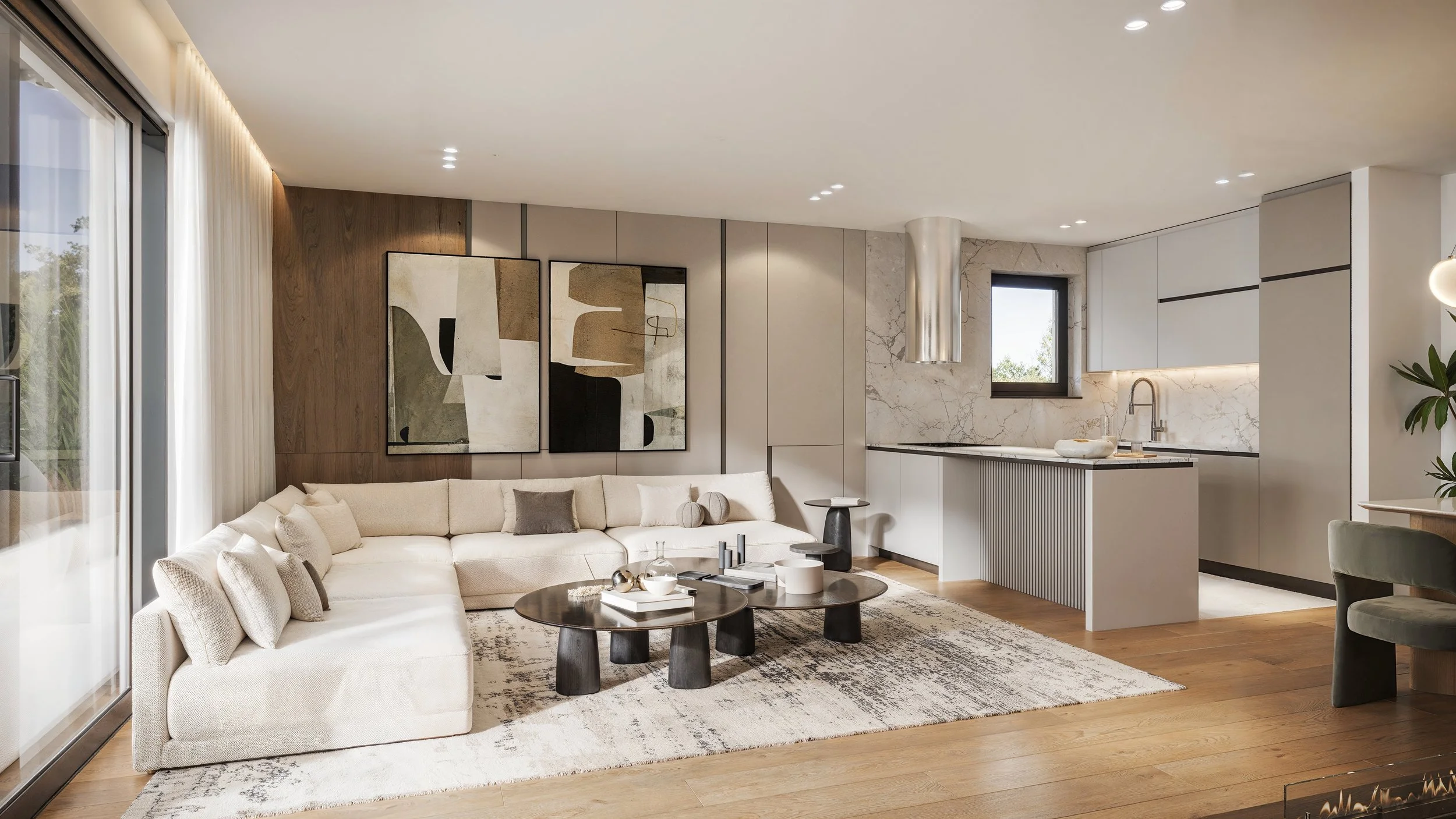 Modern living room with cream L-shaped sofa, abstract artwork, wooden floor, coffee table, and a kitchen area with marble backsplash, cabinetry, and an island.