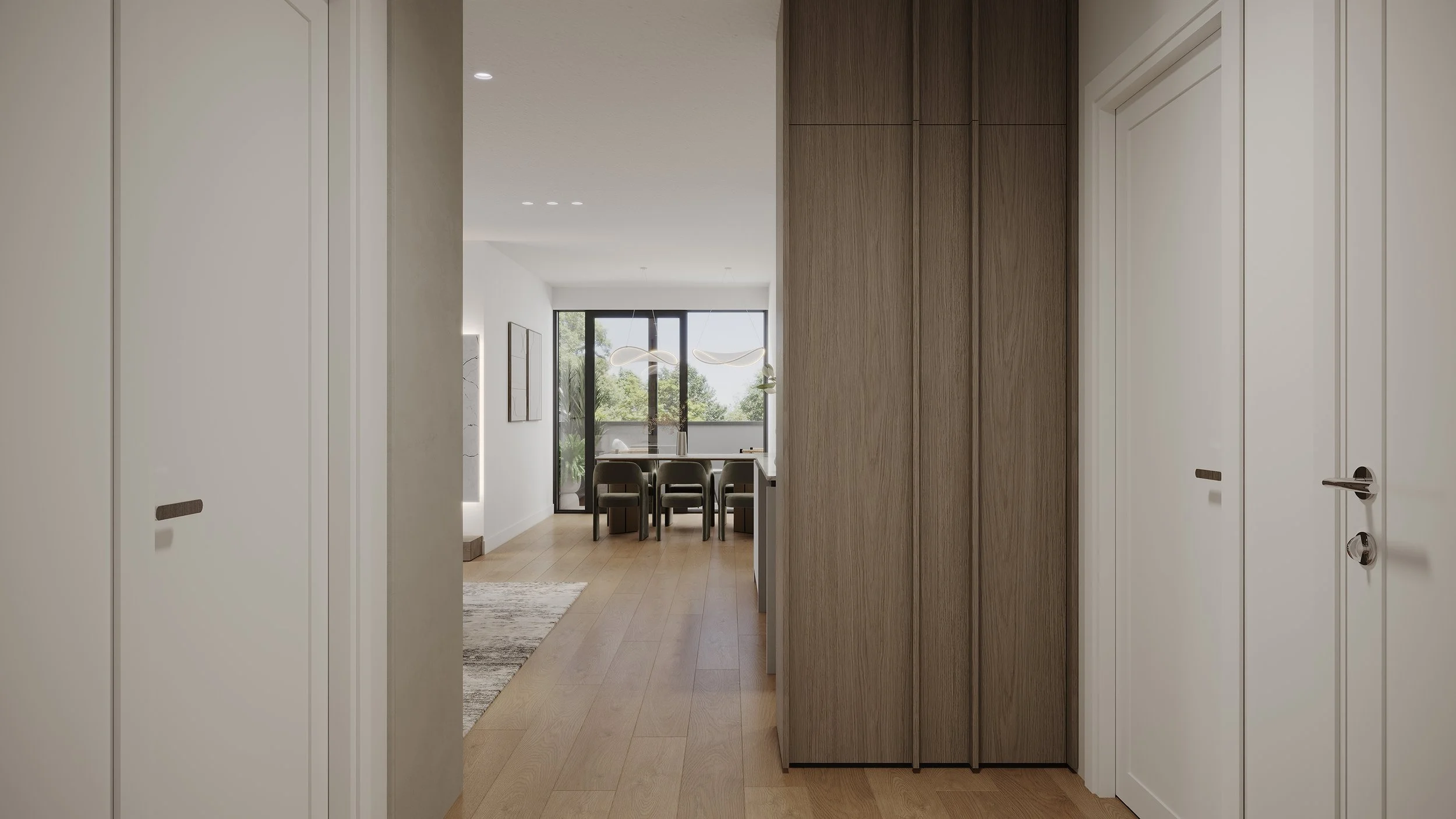 View from a hallway into a dining area with six chairs around a table, large window with view of greenery, modern hanging light fixture, and wall art, in a contemporary home with wood and white interior.