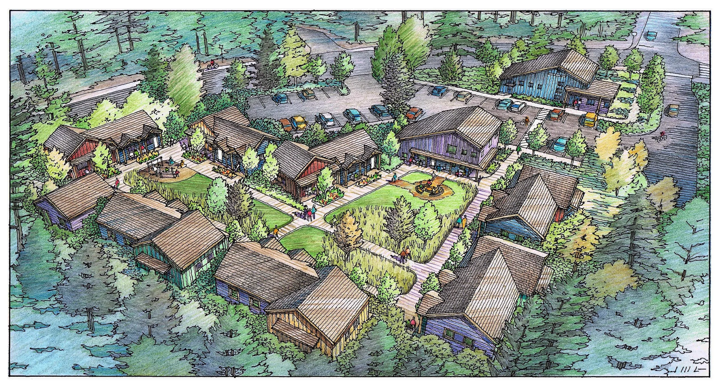 A colorful watercolor illustration of a residential neighborhood surrounded by trees, featuring houses, a parking lot, pathways, and people walking.