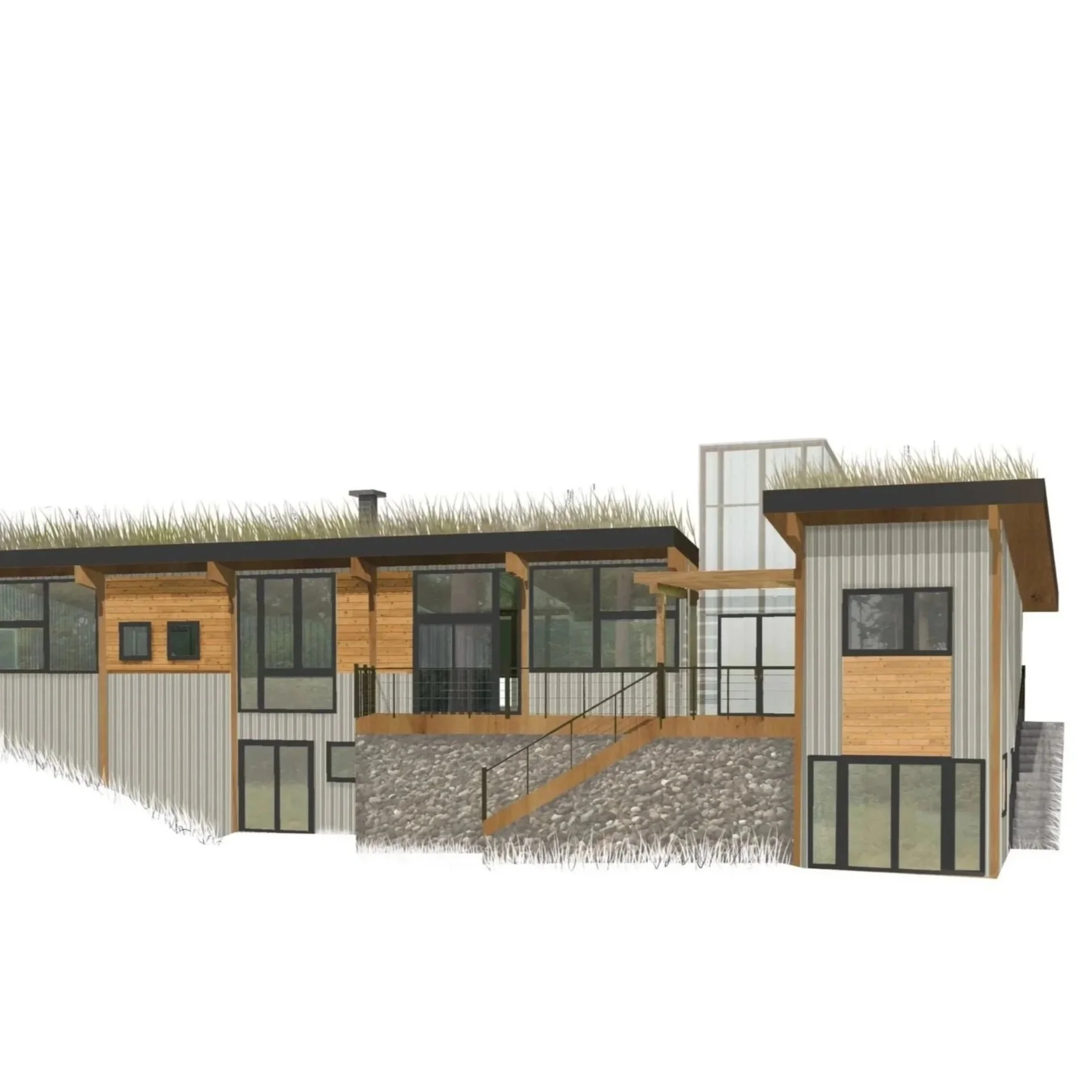 Elevated modern house with wood and metal siding, large glass windows, and a green rooftop garden.