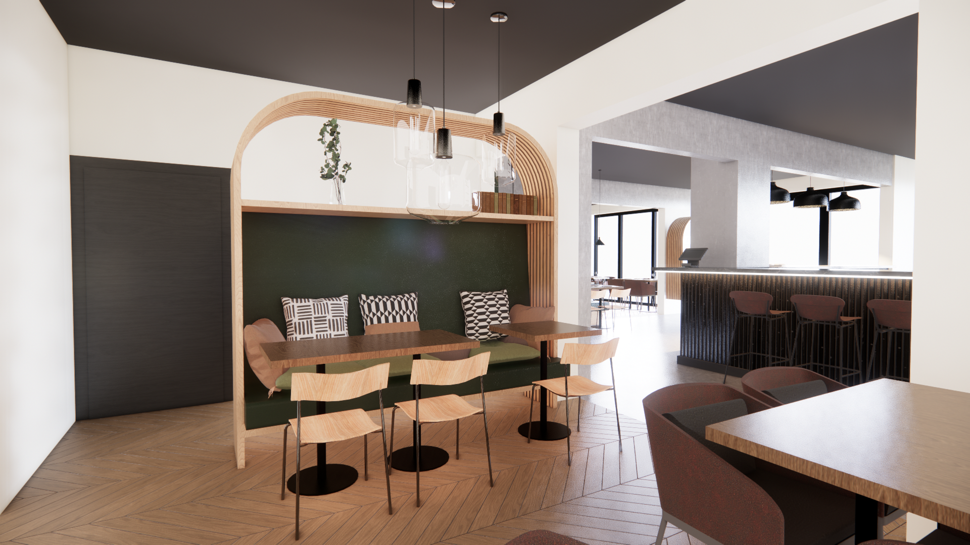 Modern restaurant interior with wooden seating, geometric pillows, pendant lighting, black bar area, and large windows.