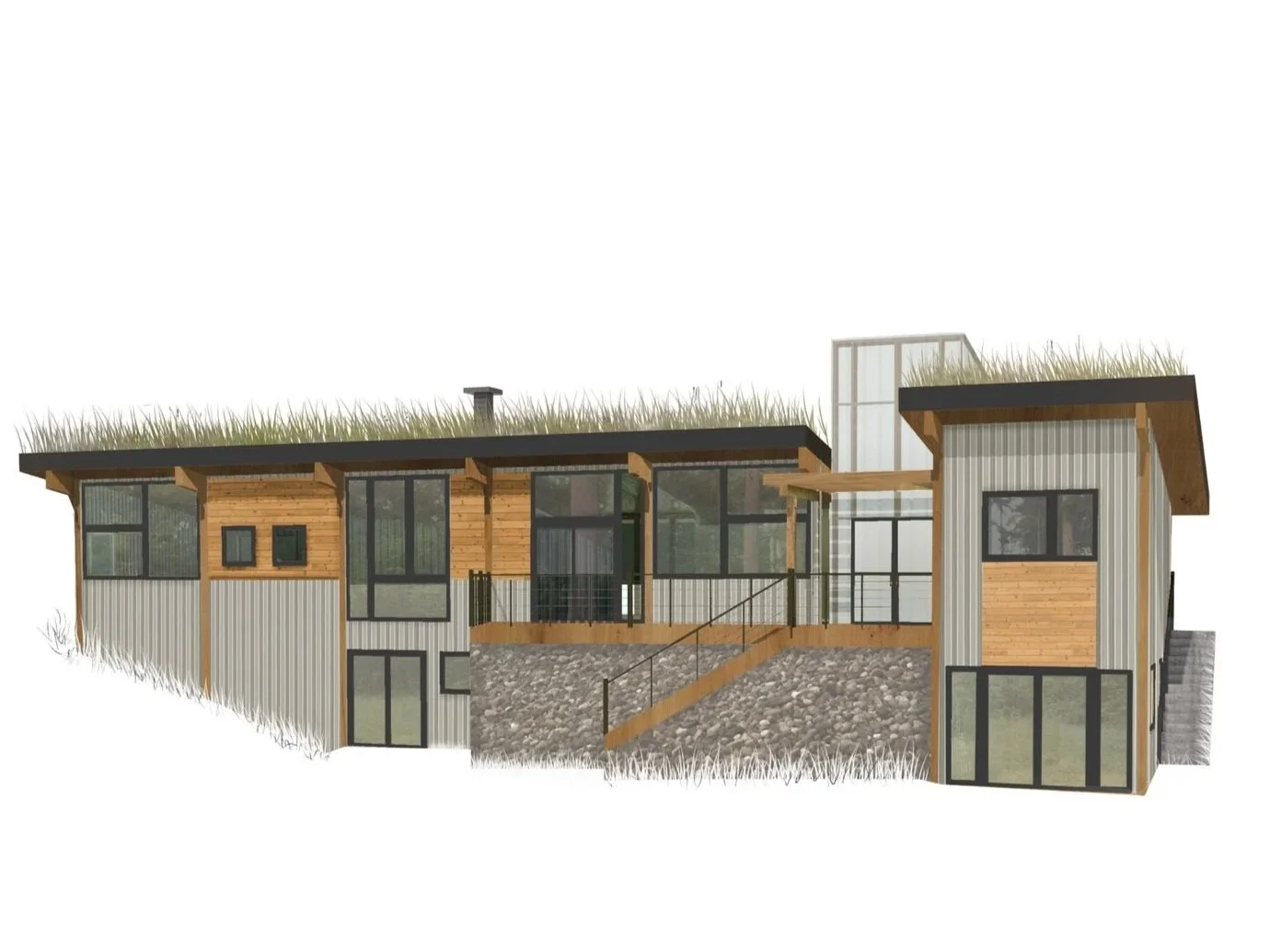 Architectural illustration of a modern house with a mix of wood and metal exterior, large windows, and a grass-covered roof on a sloped terrain.